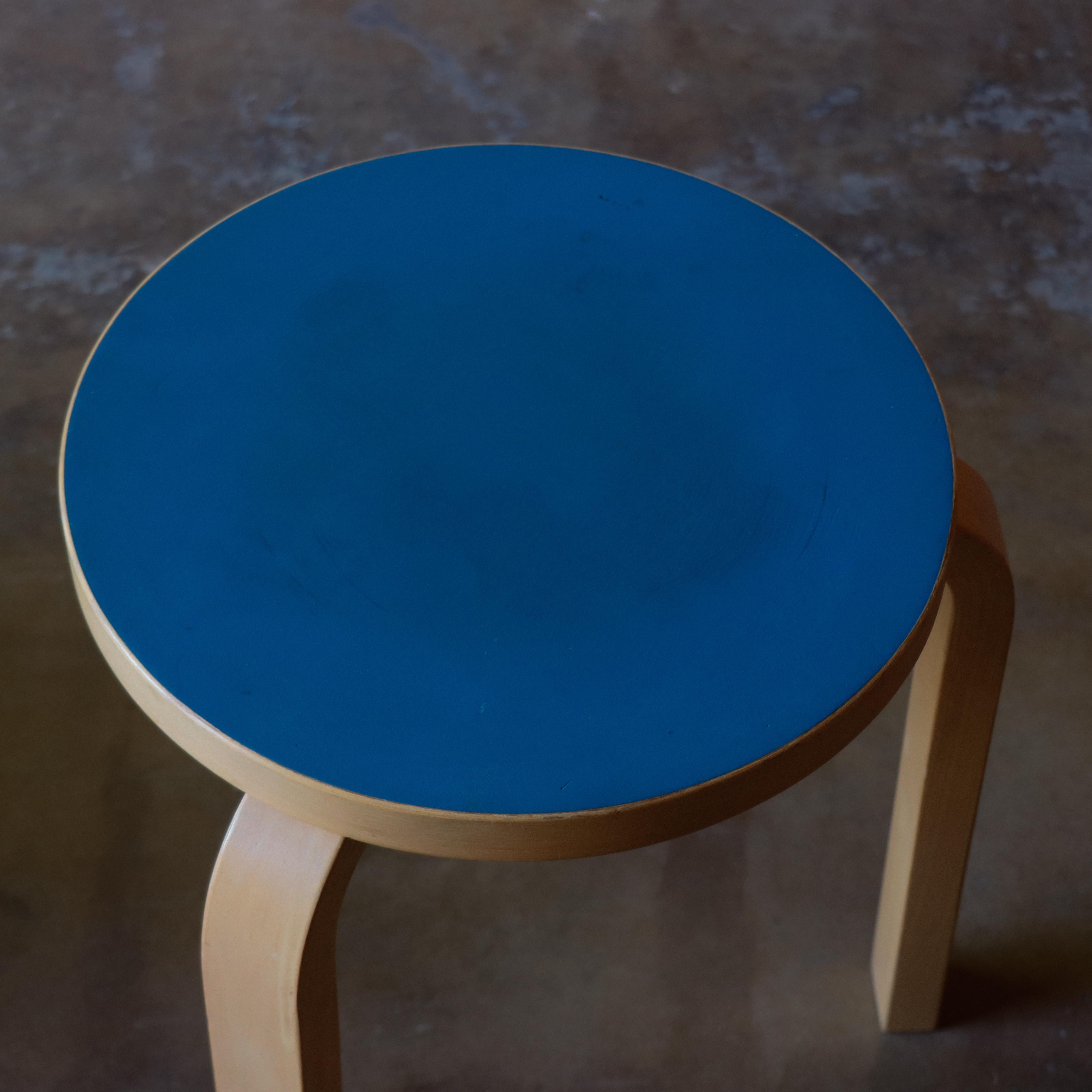 Mid-20th Century Early Alvar Aalto Stool, 1960s Birch, Artek Finland, Blue Laminate