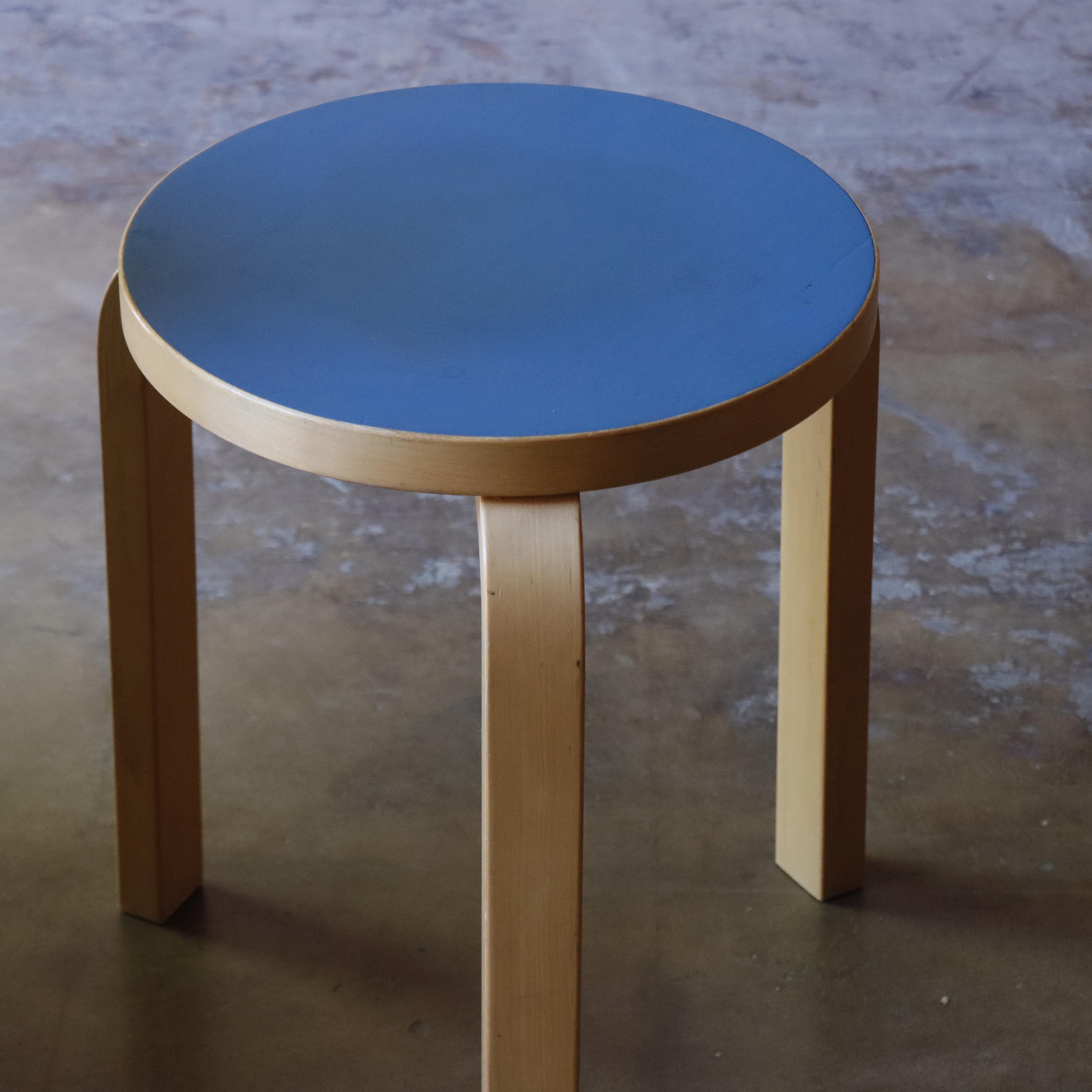 Early Alvar Aalto Stool, 1960s Birch, Artek Finland, Blue Laminate 2