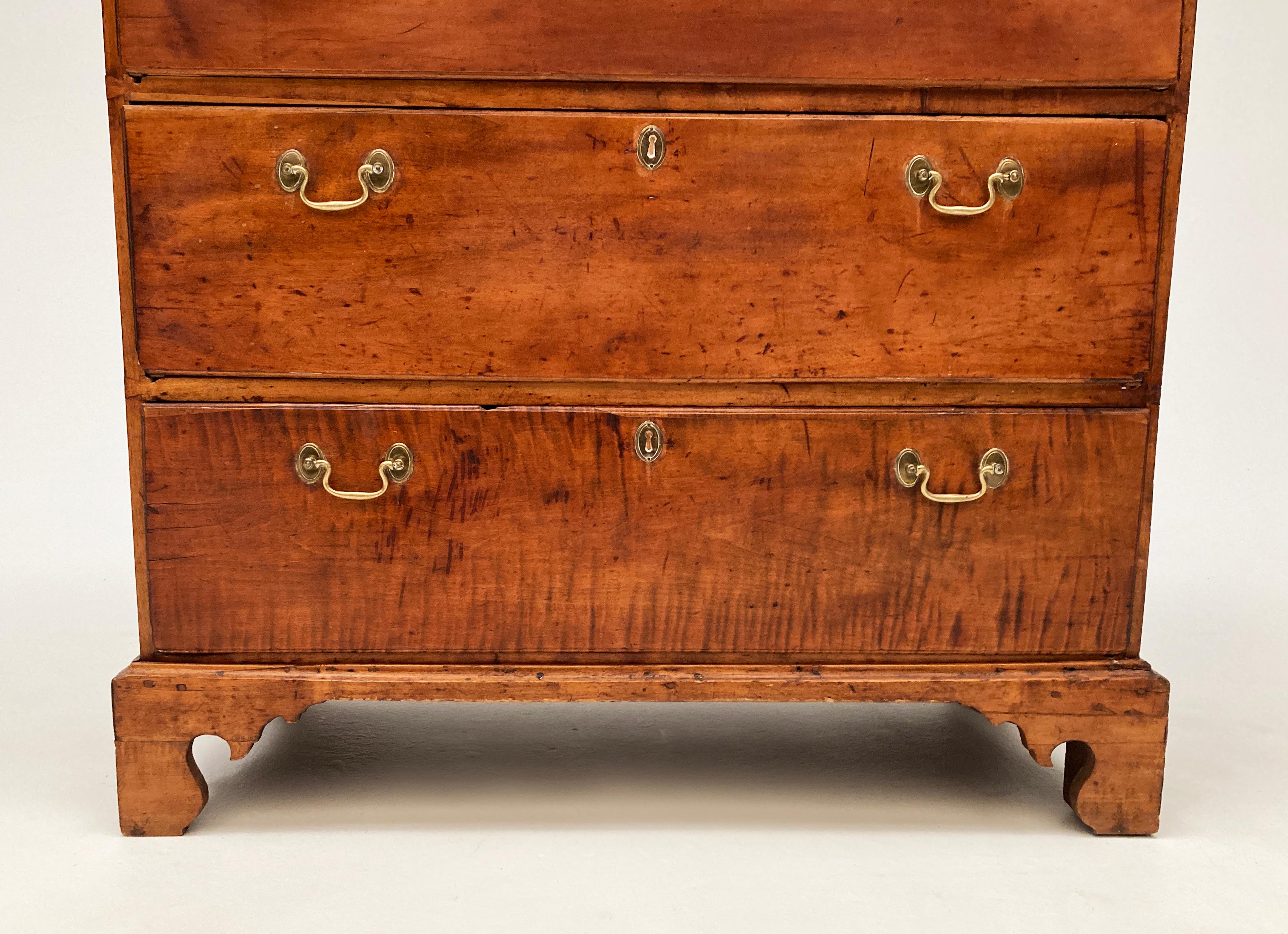 Brass Early American 18th Century Chippendale Tiger Maple Tall Chest of Drawers For Sale