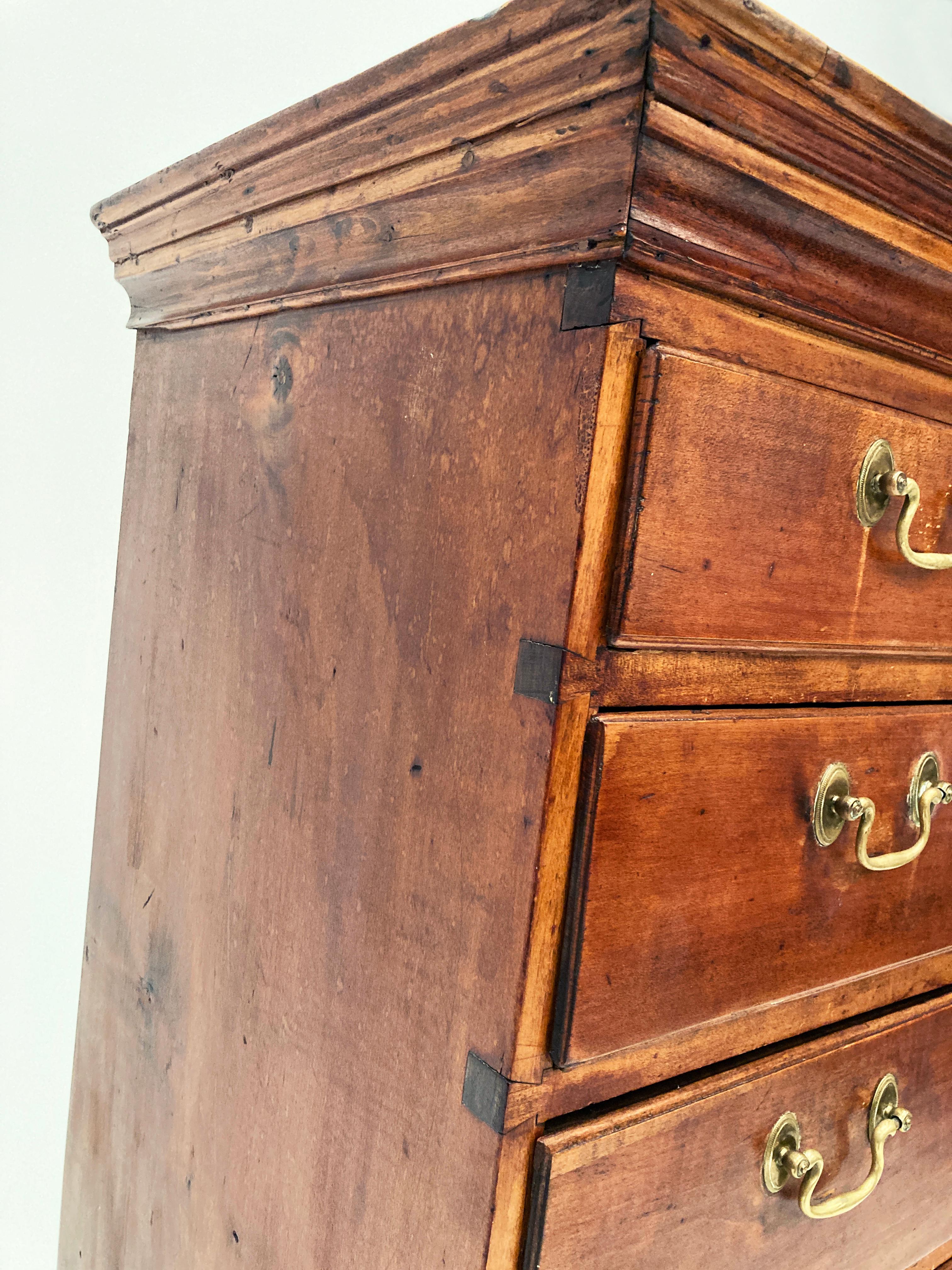 Brass Early American 18th Century Chippendale Tiger Maple Tall Chest of Drawers For Sale