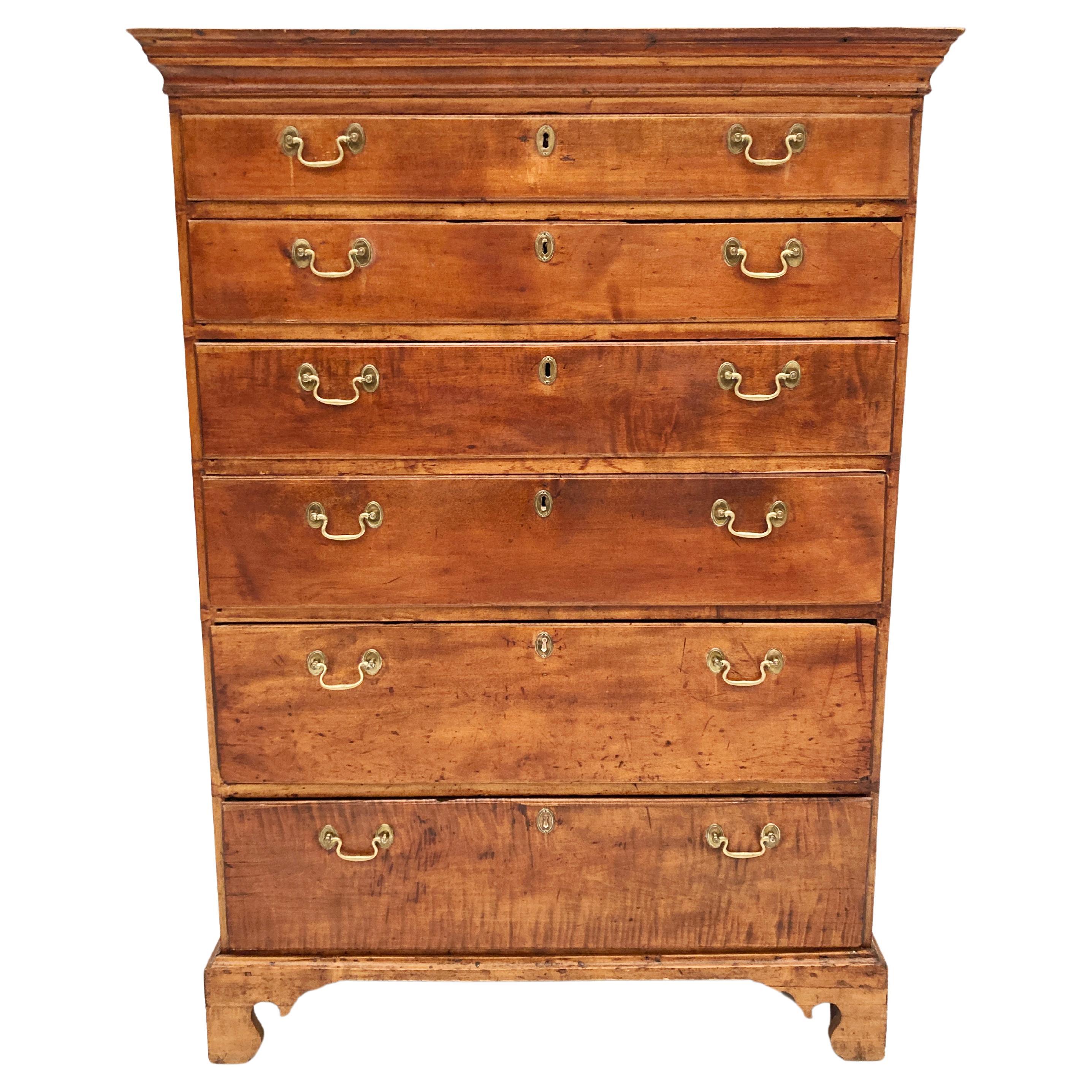 Early American 18th Century Chippendale Tiger Maple Tall Chest of Drawers