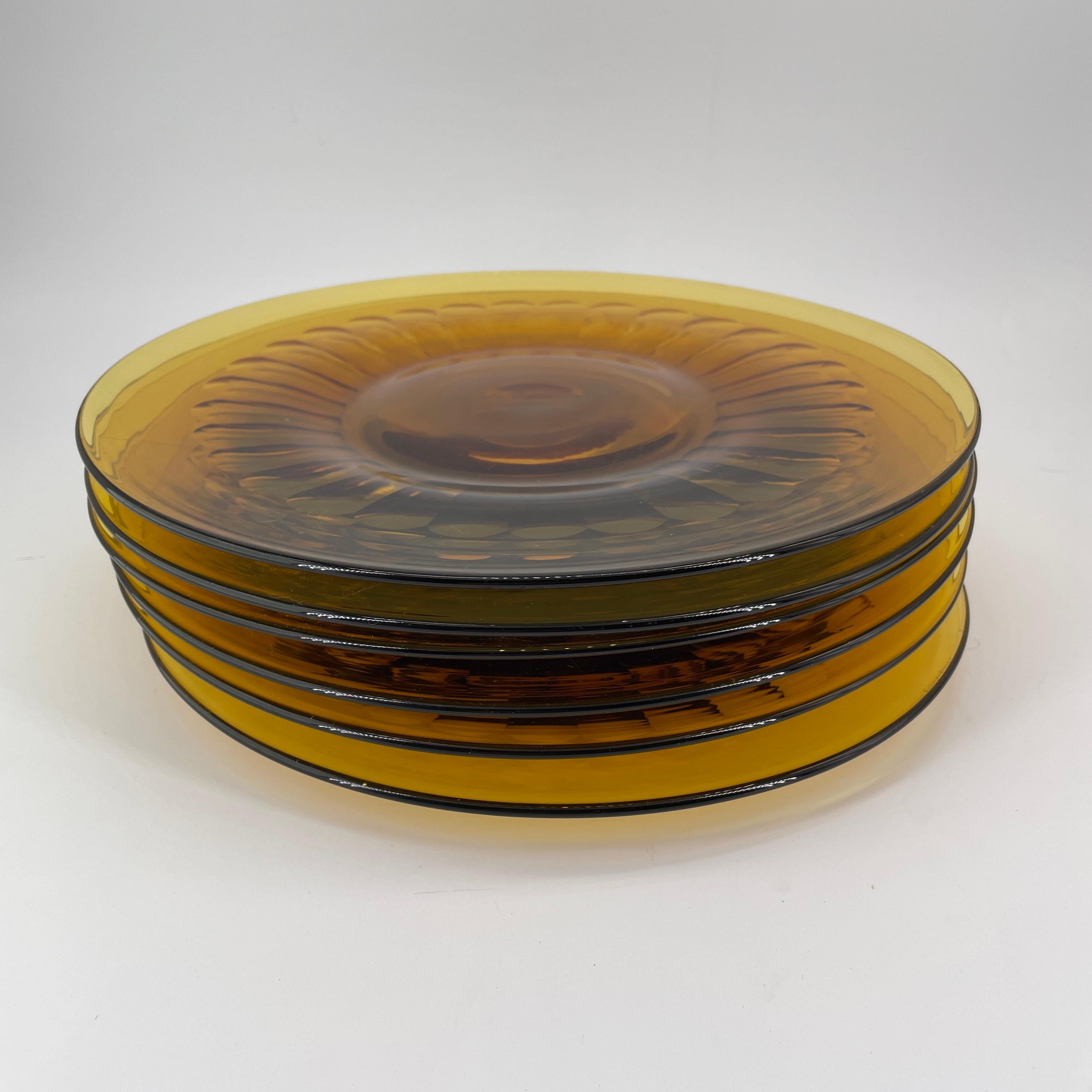 Cristal de vidrio ámbar americano temprano? Platos Espectaculares Victorianos Grabados Op Art 6 Estadounidense en venta