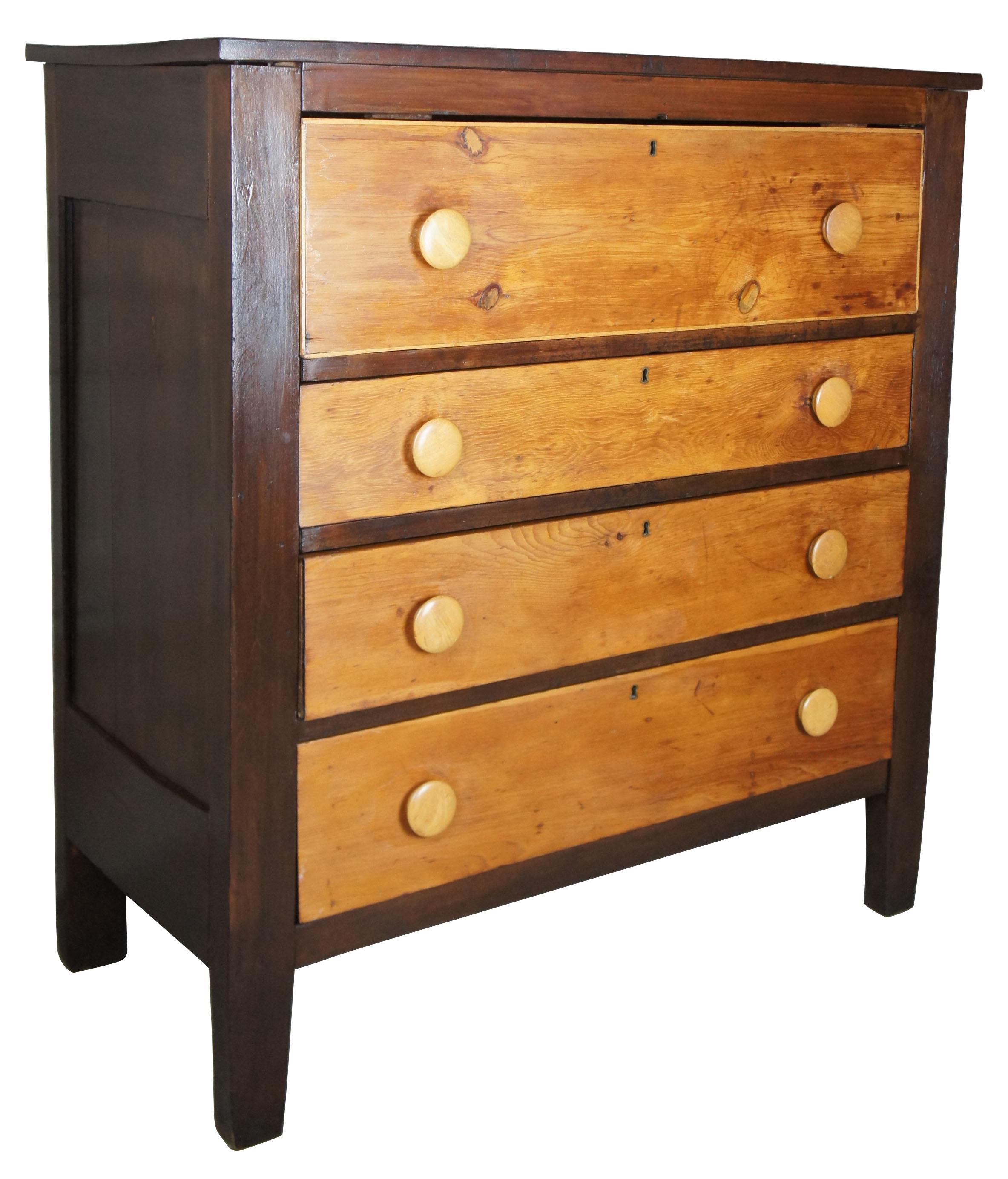 Early American antique pine 4-drawer tallboy chest rustic primitive dresser, 

circa 1850s pine chest of drawers.