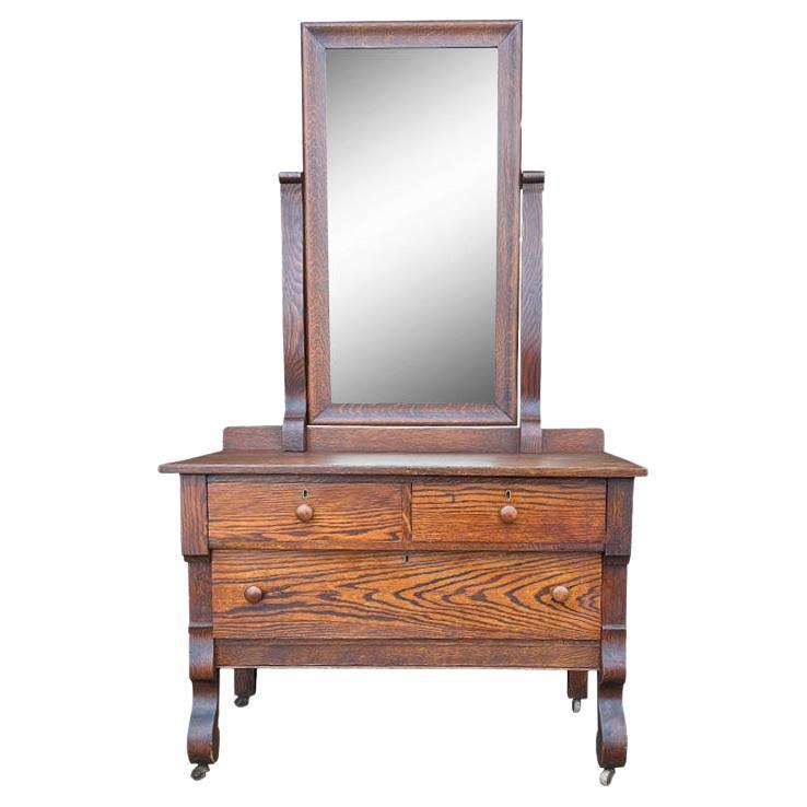 Early American Antique Tiger Oak Mirrored Dresser or Vanity Table - 1900s Kansas For Sale