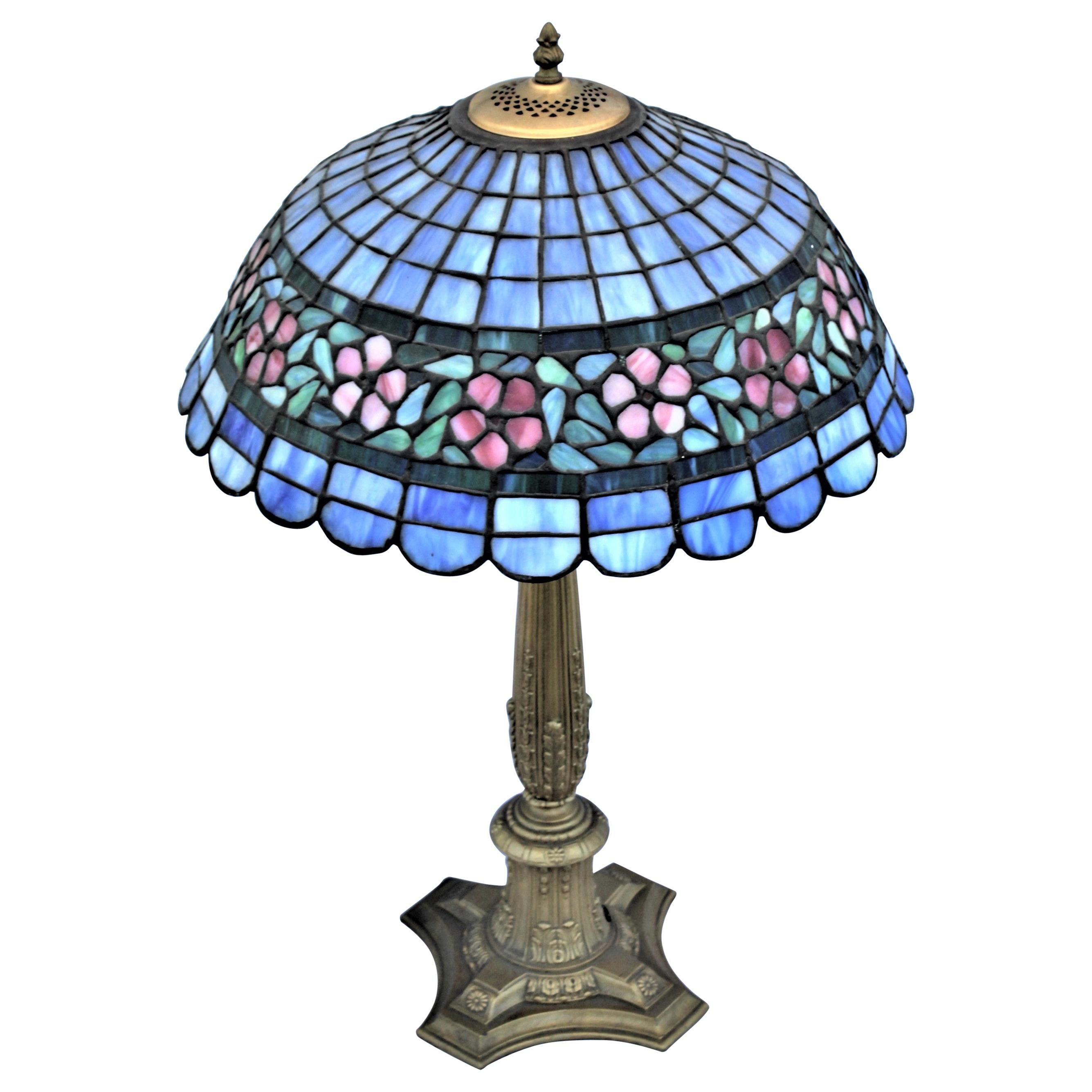 Early American Art Glass Foil Shade Lamp, Blue with Red Flowers Antique Base