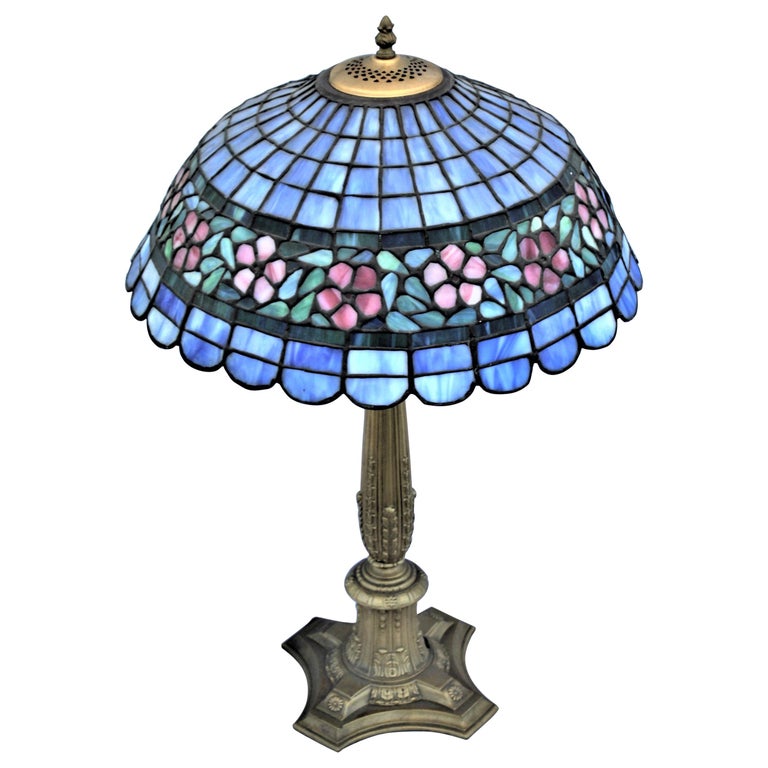 Early American Art Glass Foil Shade Lamp, Blue with Red Flowers Antique Base For Sale