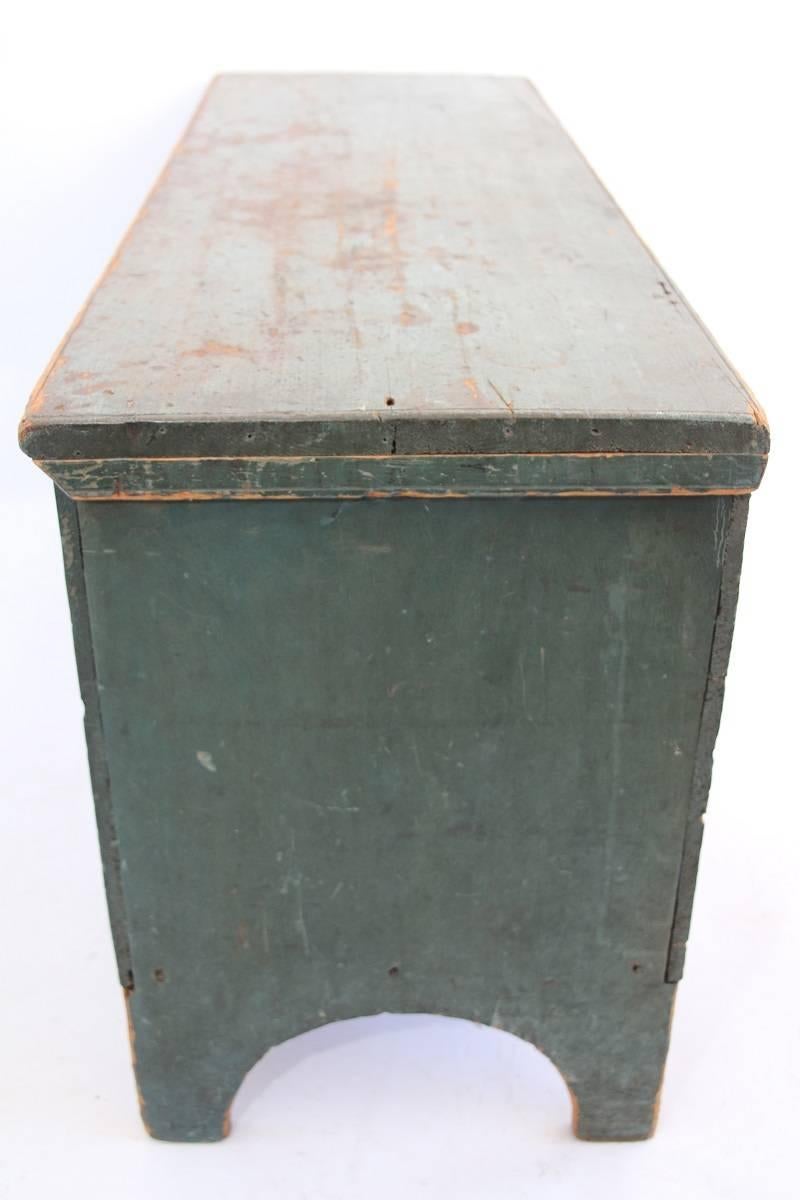 Early 19th Century Early American Blue-Green Painted Pine Blanket Chest with Arched Ends