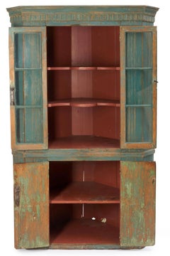 Early American Blue Painted Corner Cupboard