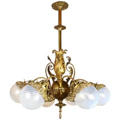 Early American Brass Chandelier with Vaseline Glass