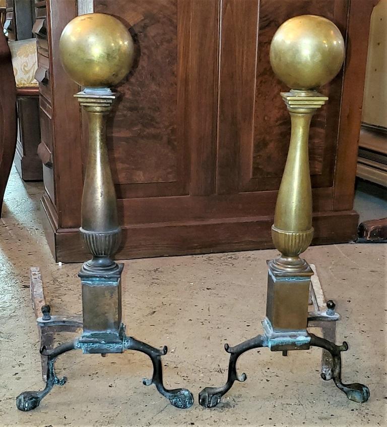 Early American Canonball Brass Andirons For Sale 1