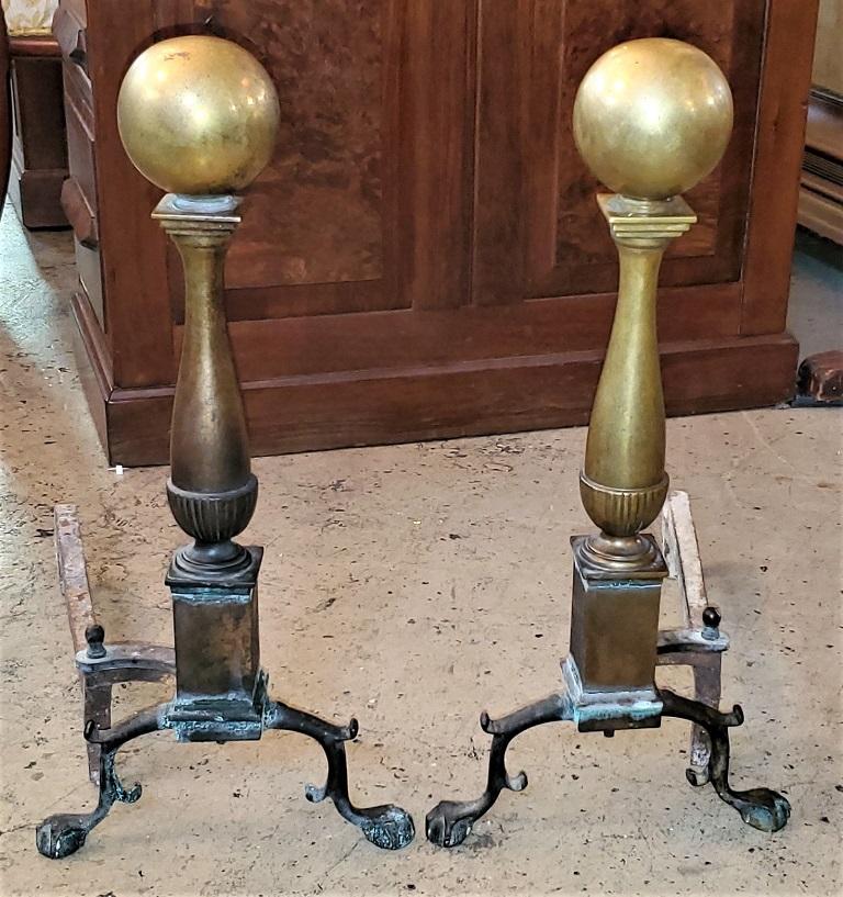 Early American Canonball Brass Andirons For Sale 2