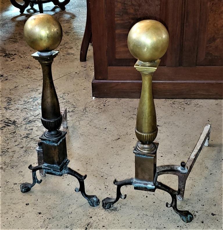 Early American Canonball Brass Andirons For Sale 3