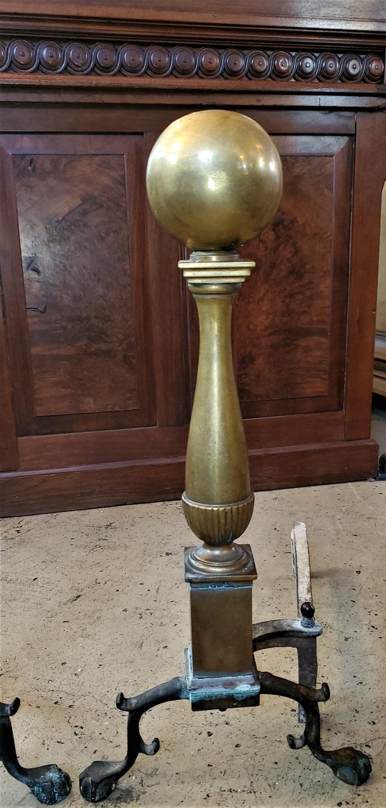 Early American Canonball Brass Andirons In Good Condition For Sale In Dallas, TX