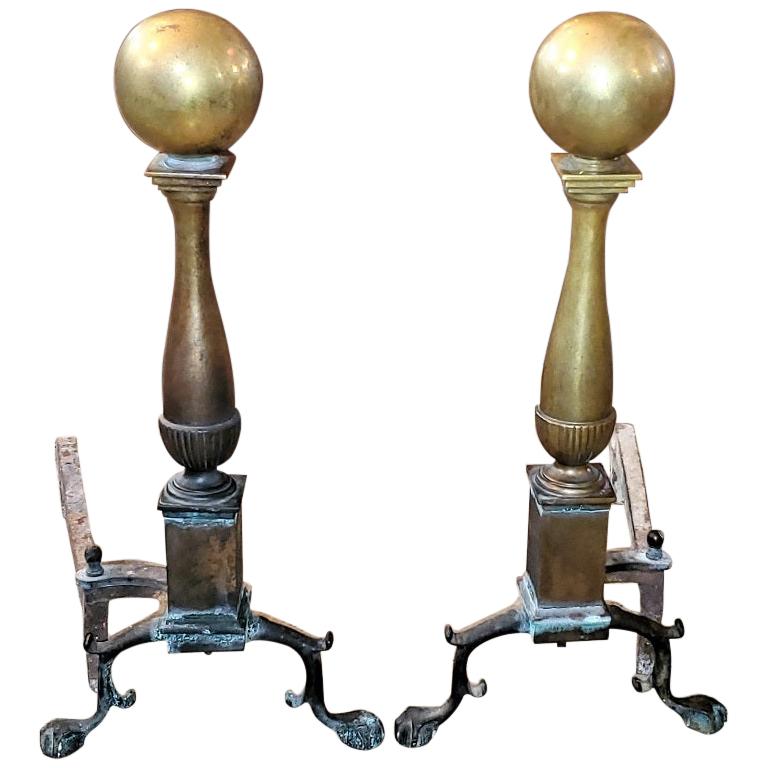 Early American Canonball Brass Andirons For Sale