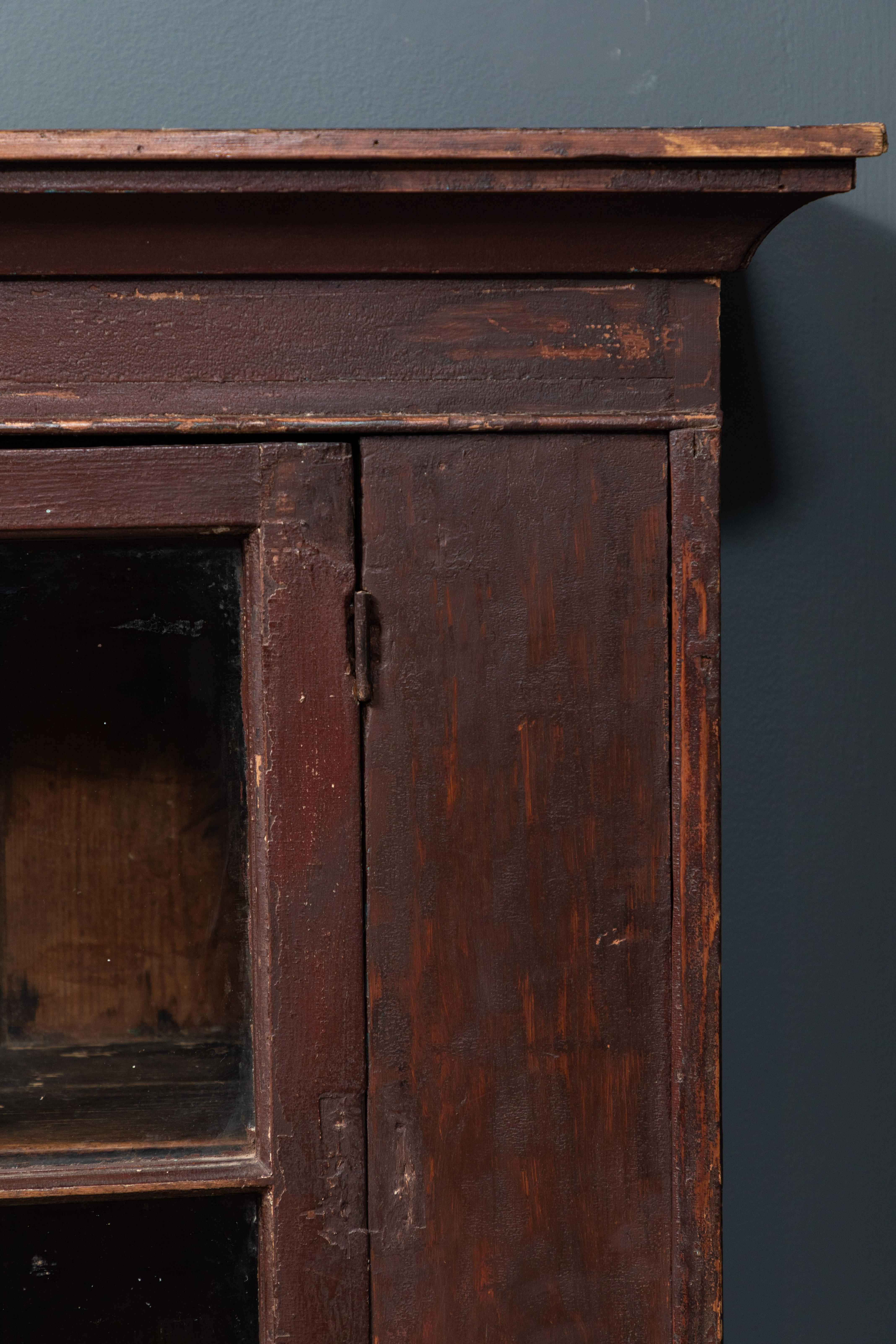 North American Early American Dark Wooden Hutch with Glass Door