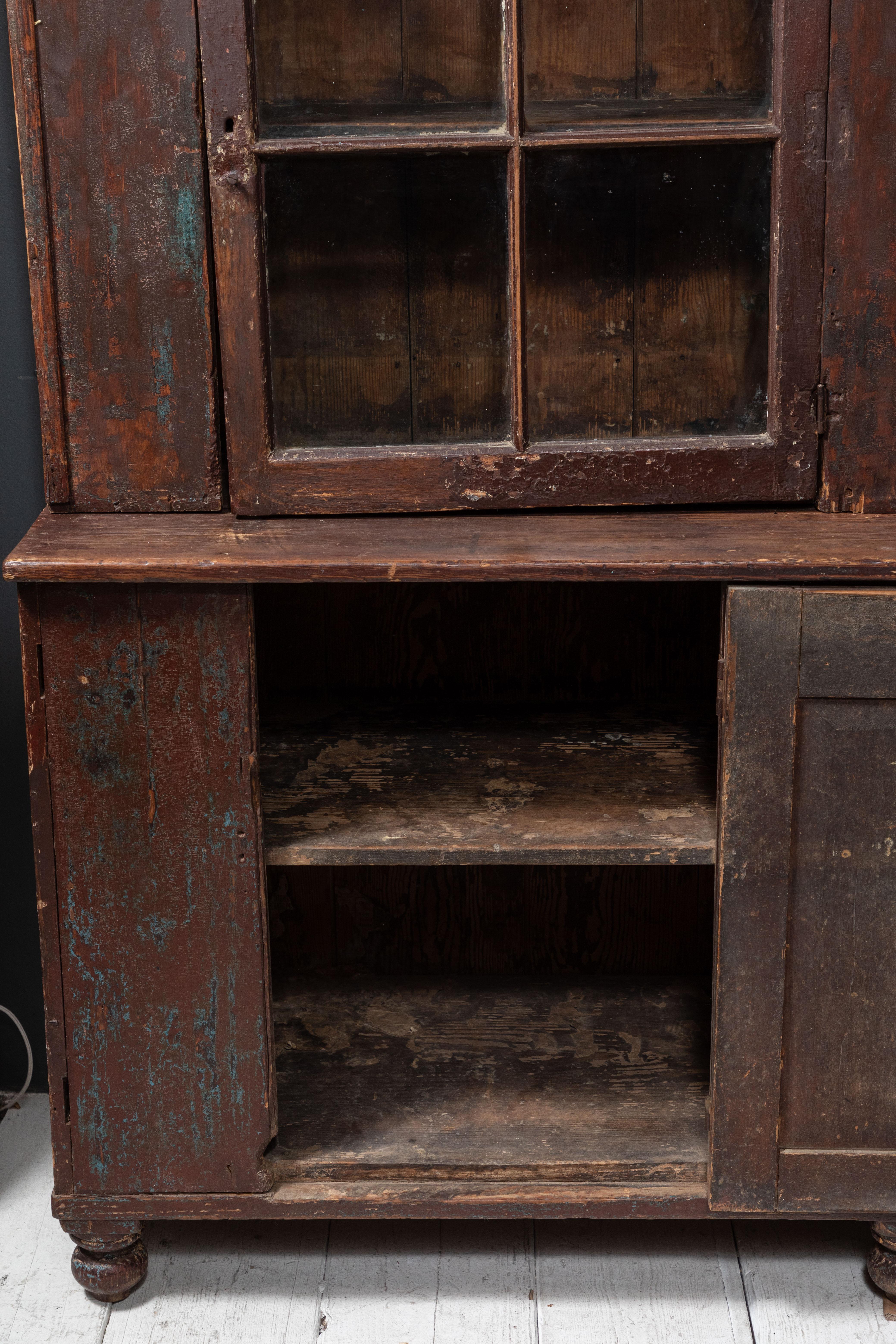 19th Century Early American Dark Wooden Hutch with Glass Door