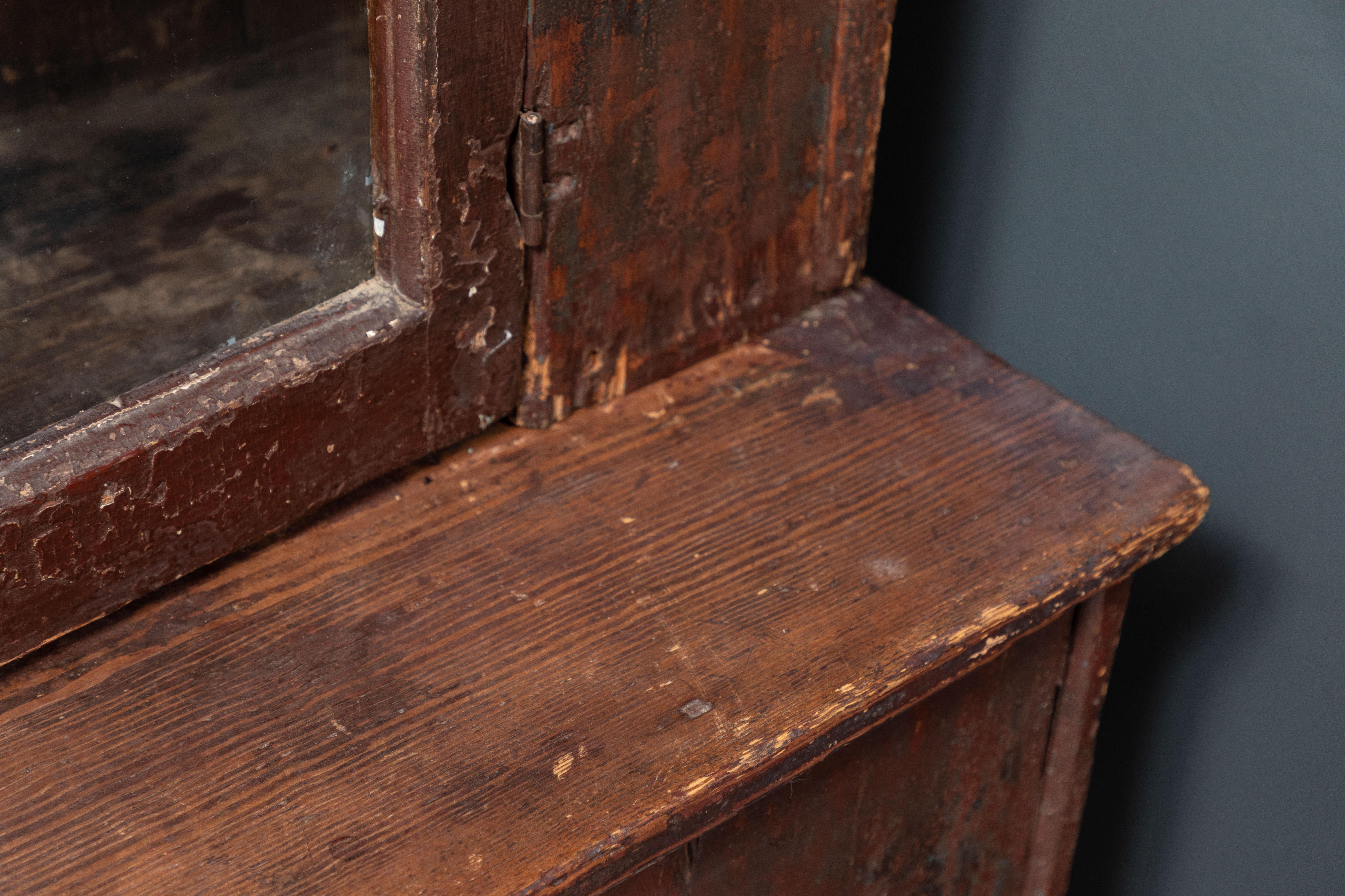 Early American Dark Wooden Hutch with Glass Door 1