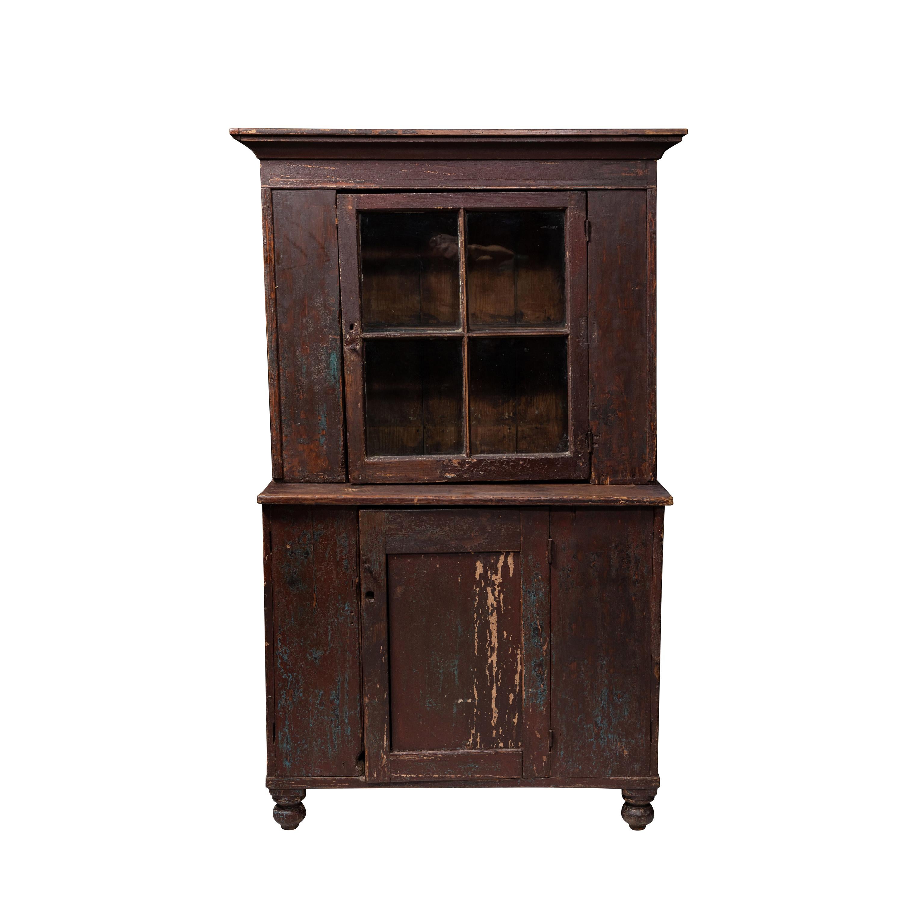 Early American Dark Wooden Hutch with Glass Door