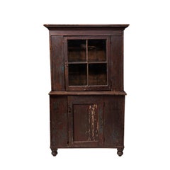 Antique Early American Dark Wooden Hutch with Glass Door