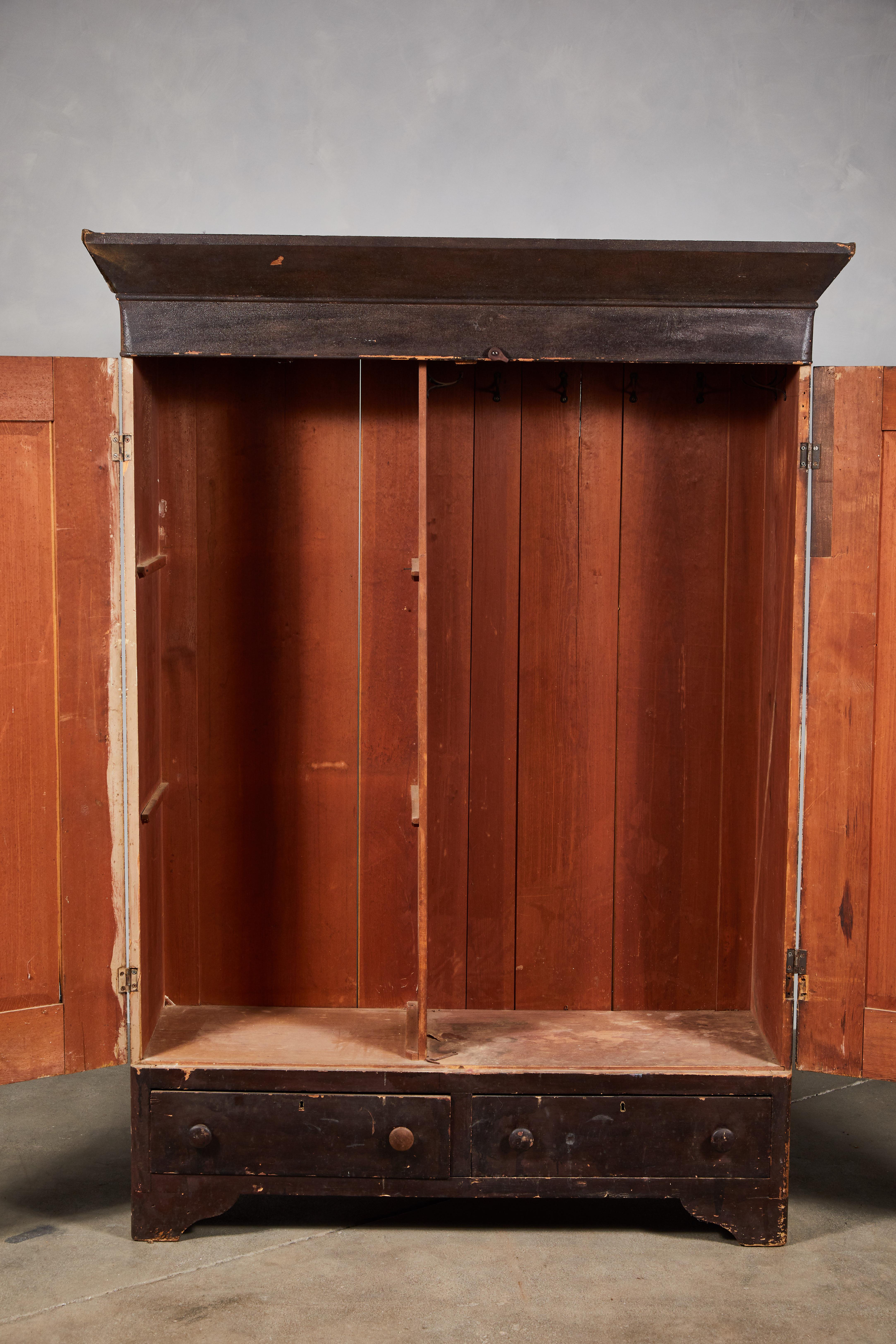 Early American Distressed Stained Armoire In Fair Condition In Los Angeles, CA