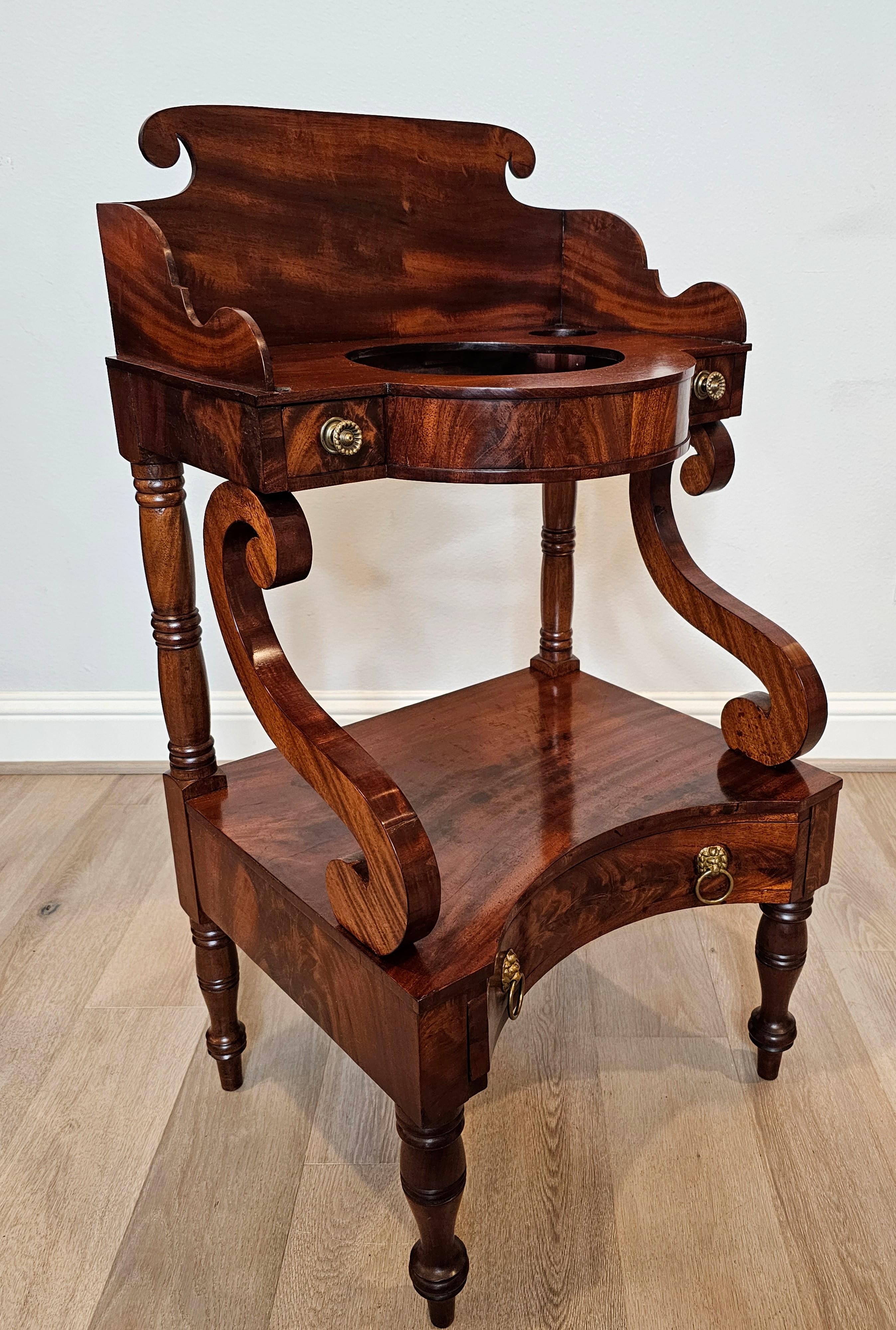 19th Century Early American Federal Period Flame Mahogany Antique Wash Stand  For Sale