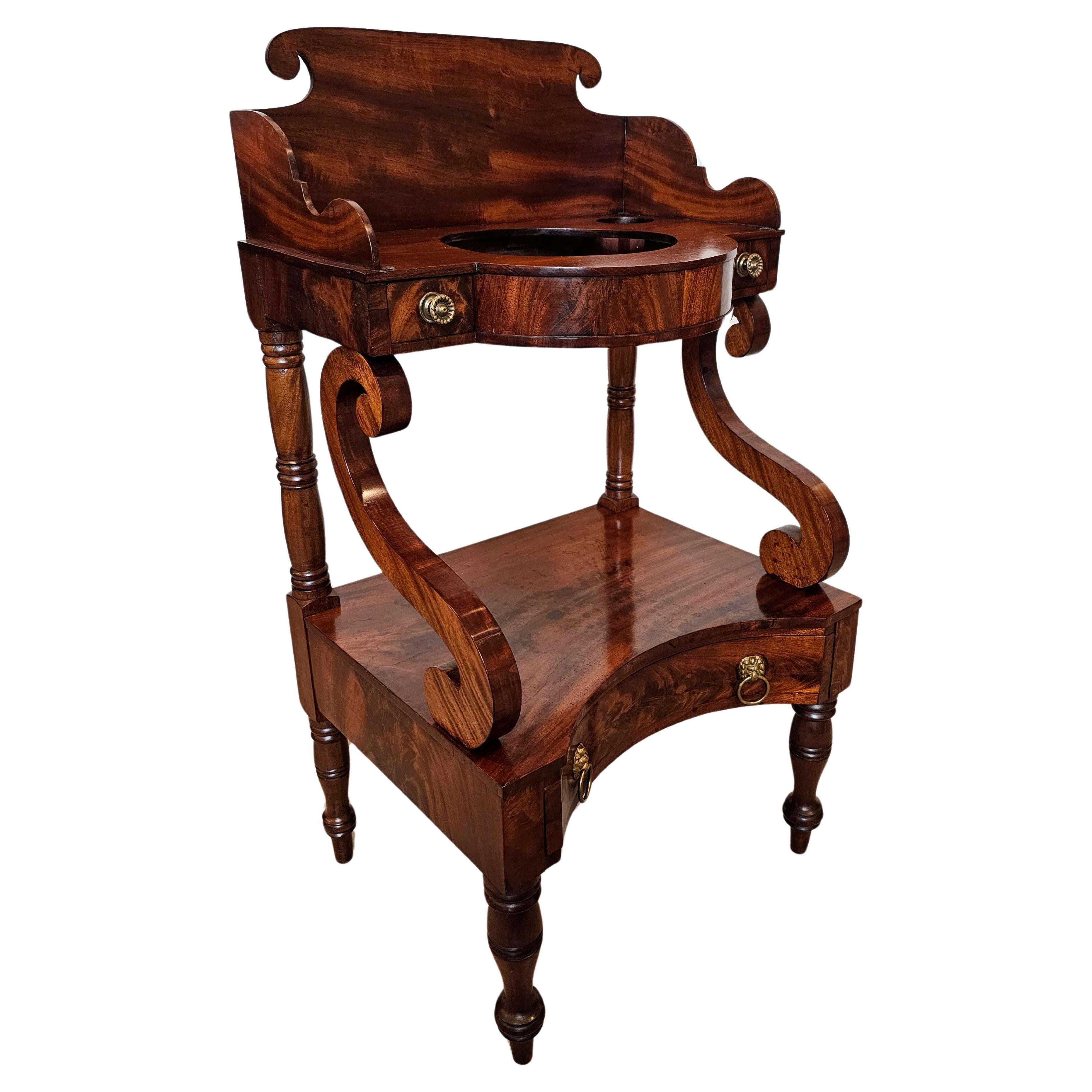 Early American Federal Period Flame Mahogany Antique Wash Stand  For Sale