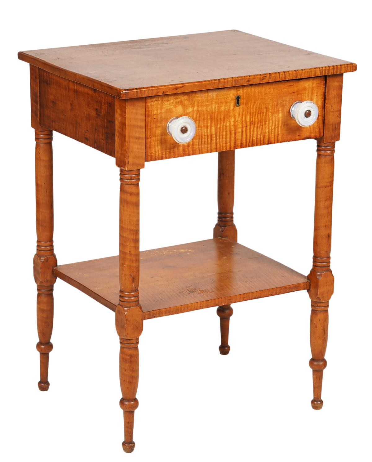 Milk Glass Early American Federal Tiger Maple One-Drawer Work Table or Stand, circa 1830