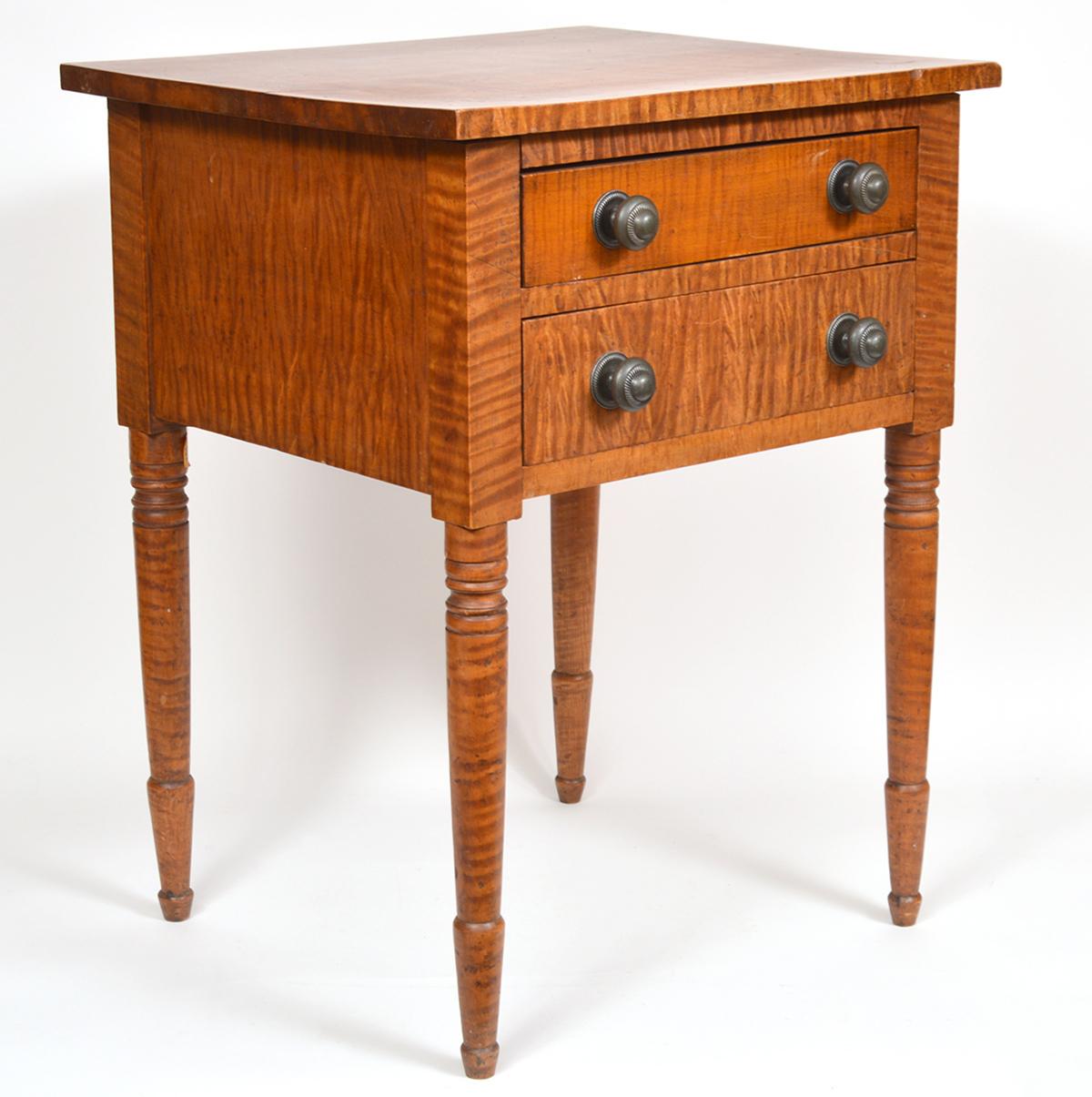 19th Century Early American Federal Two-Drawer Tiger Maple Work Table or Stand