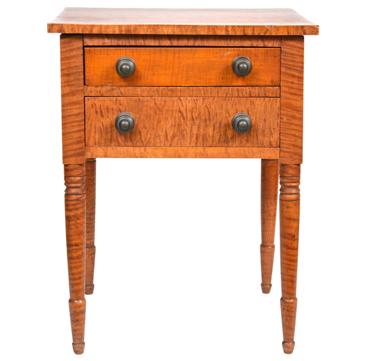 Early American Federal Two-Drawer Tiger Maple Work Table or Stand