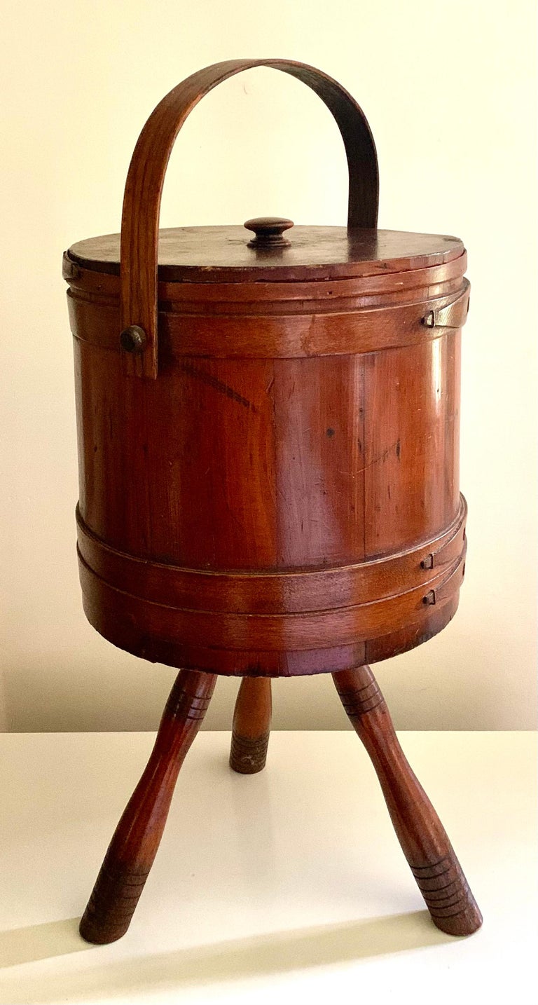 Early American Cherry Wood Firkin Sewing Box, 19th Century, Folk
