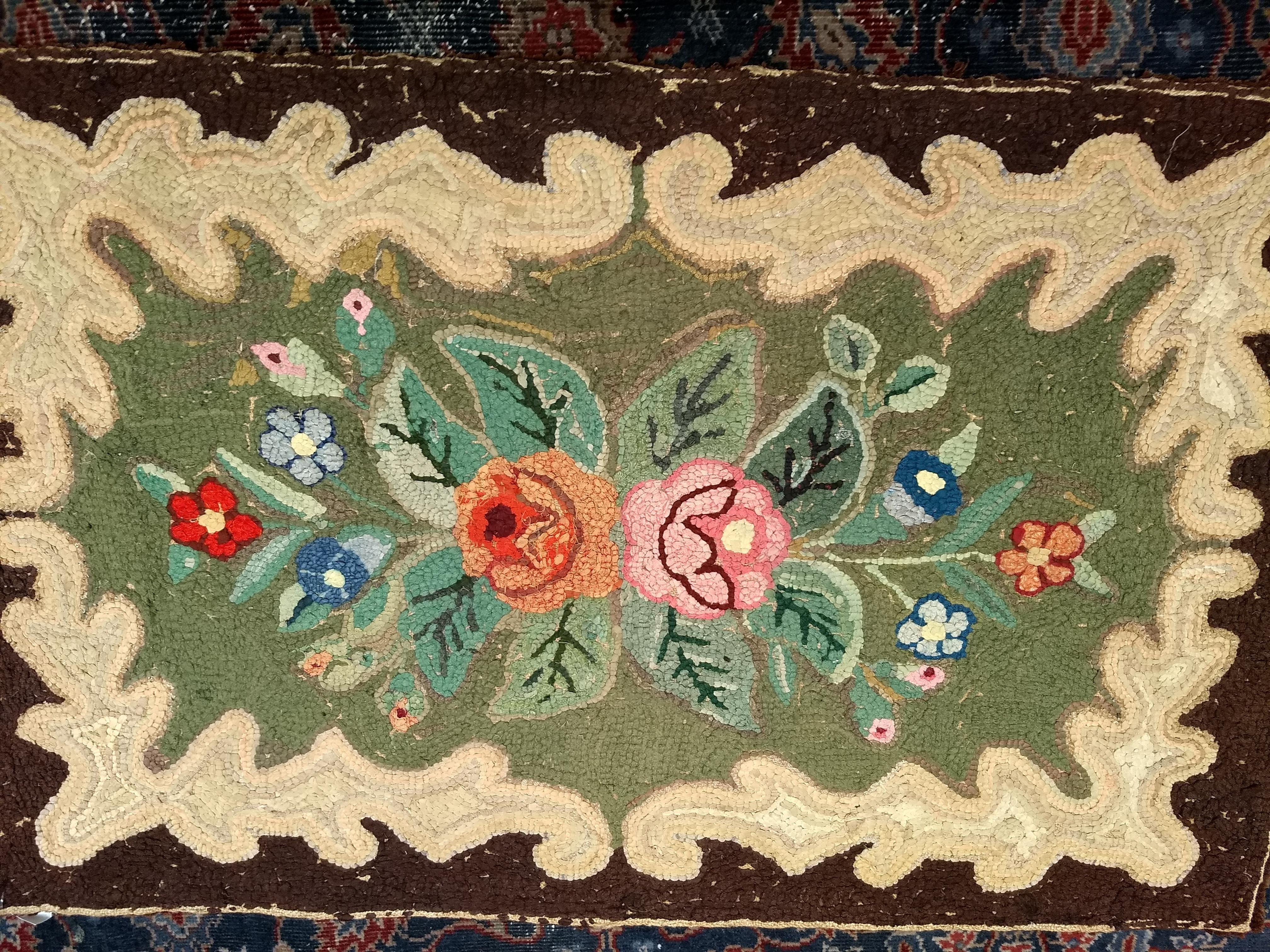 Early American Hand Hooked Rug with a Floral Pattern Wall Art For Sale 1