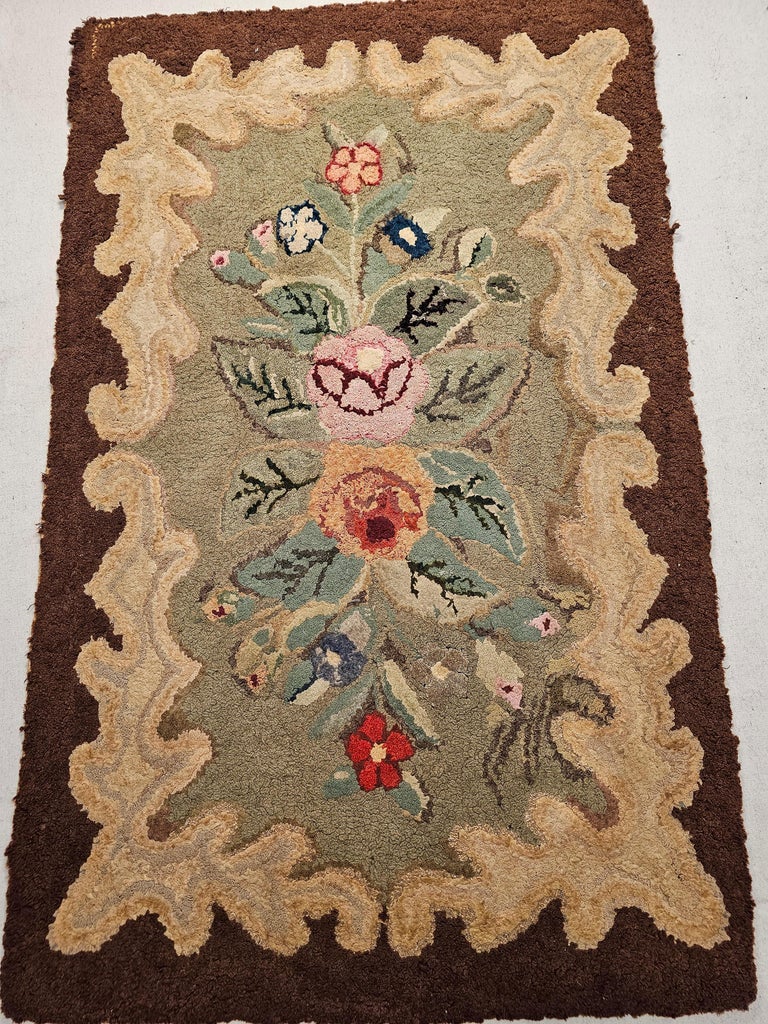 Early American Hand Hooked Rug with a Floral Pattern Wall Art For