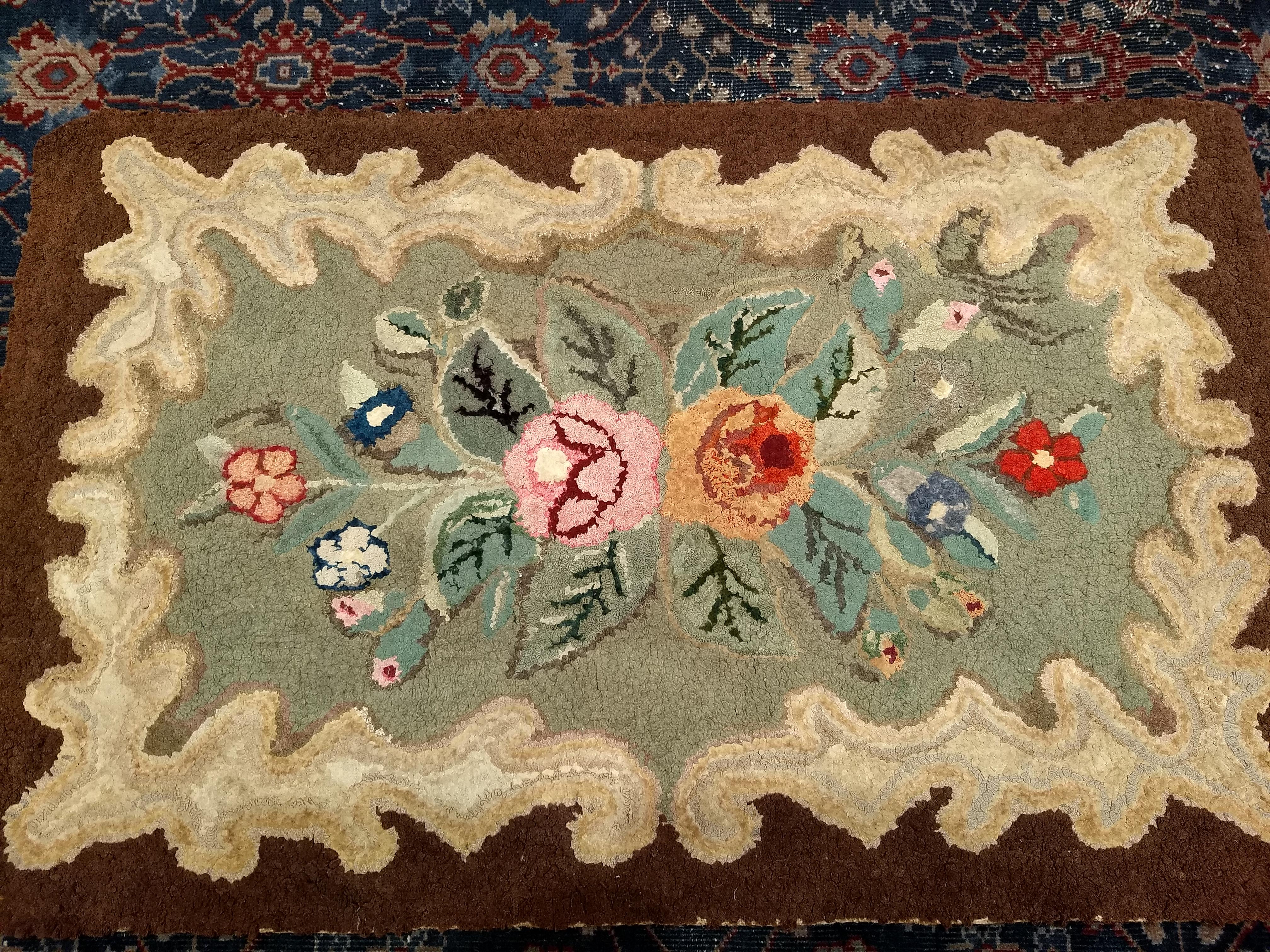 Hand-Crafted Early American Hand Hooked Rug with a Floral Pattern Wall Art For Sale