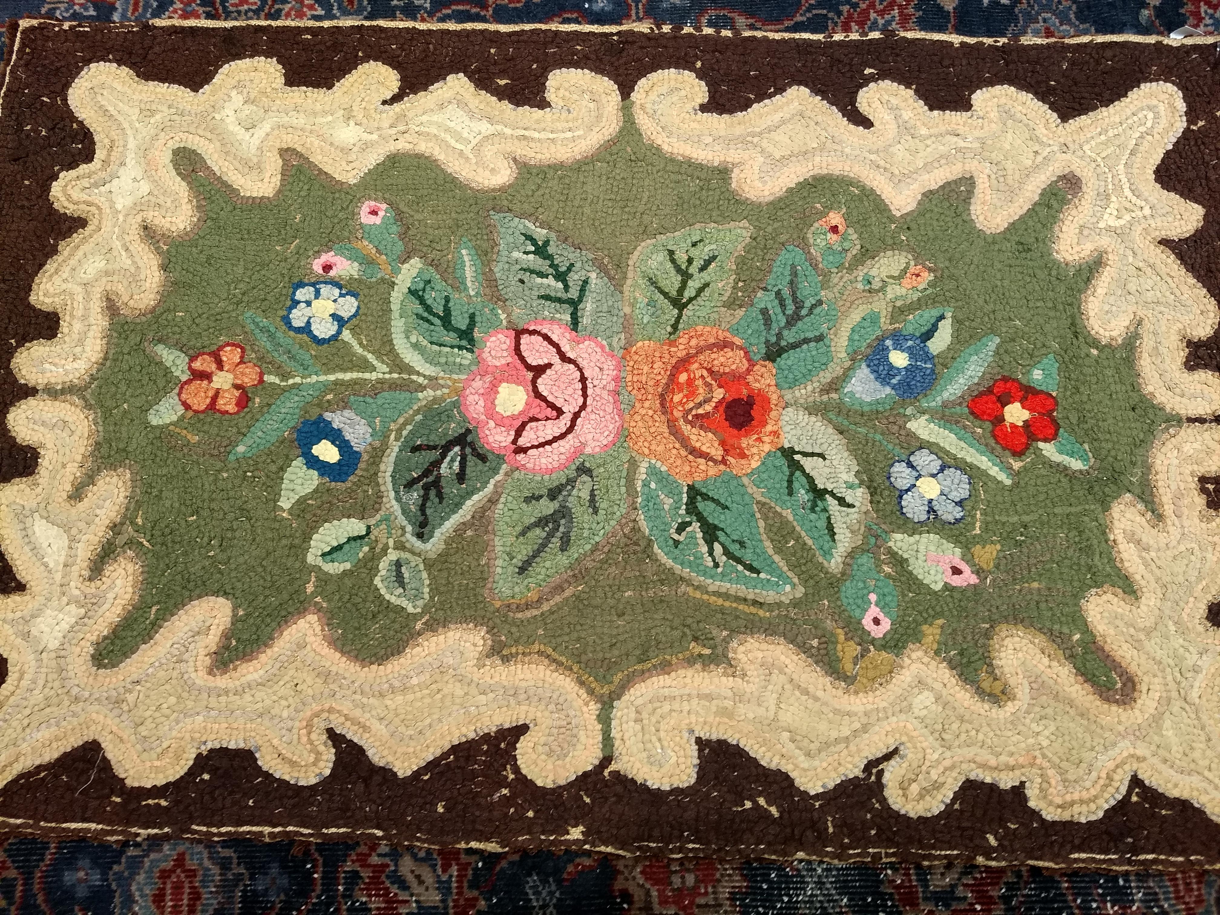 Wool Early American Hand Hooked Rug with a Floral Pattern Wall Art For Sale
