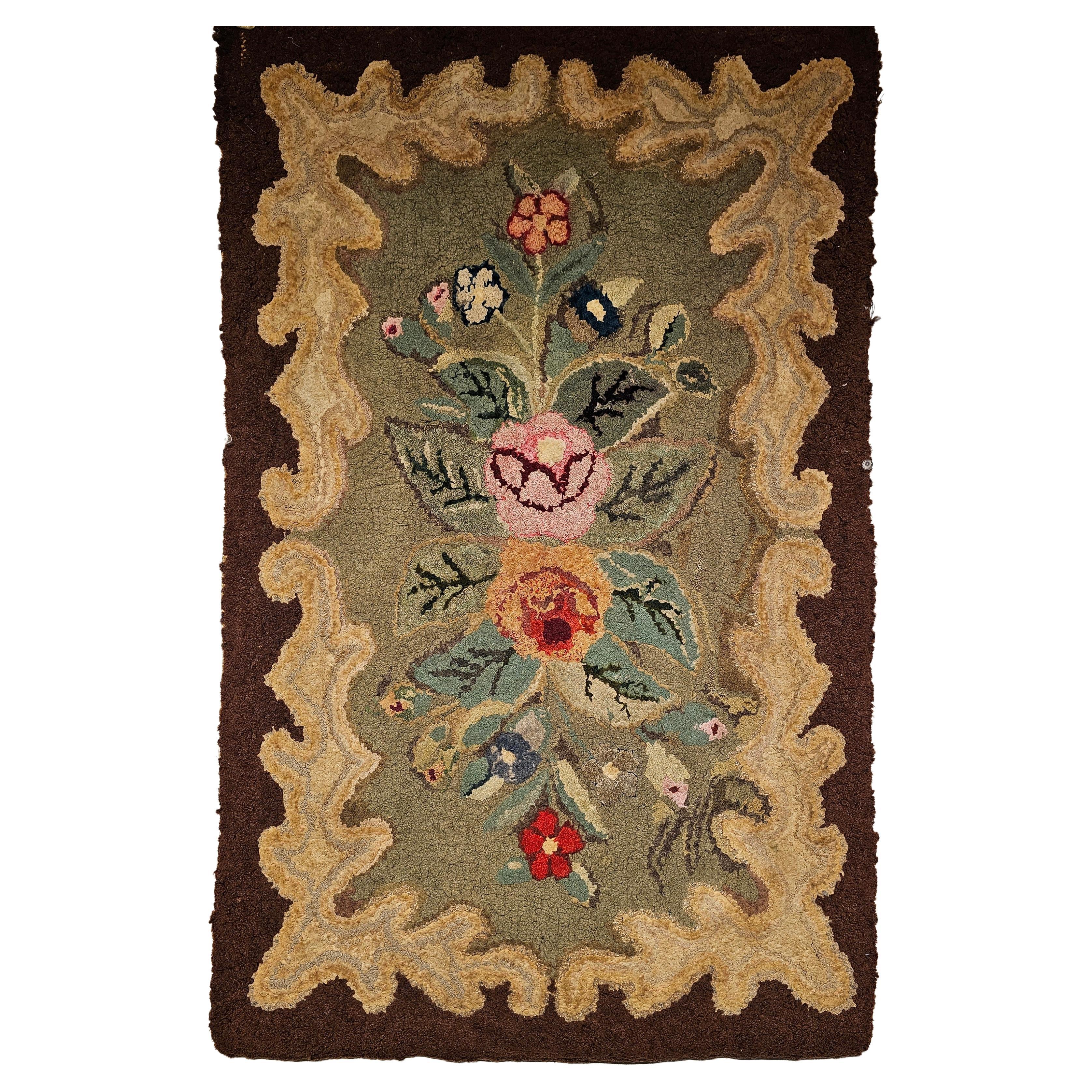 Early American Hand Hooked Rug with a Floral Pattern Wall Art