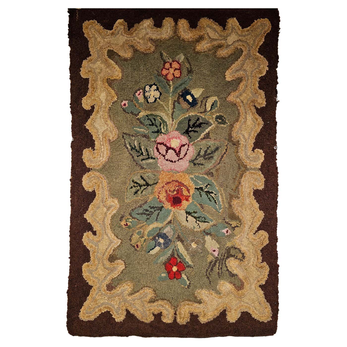 Early American Hand Hooked Rug with a Floral Pattern Wall Art For Sale ...