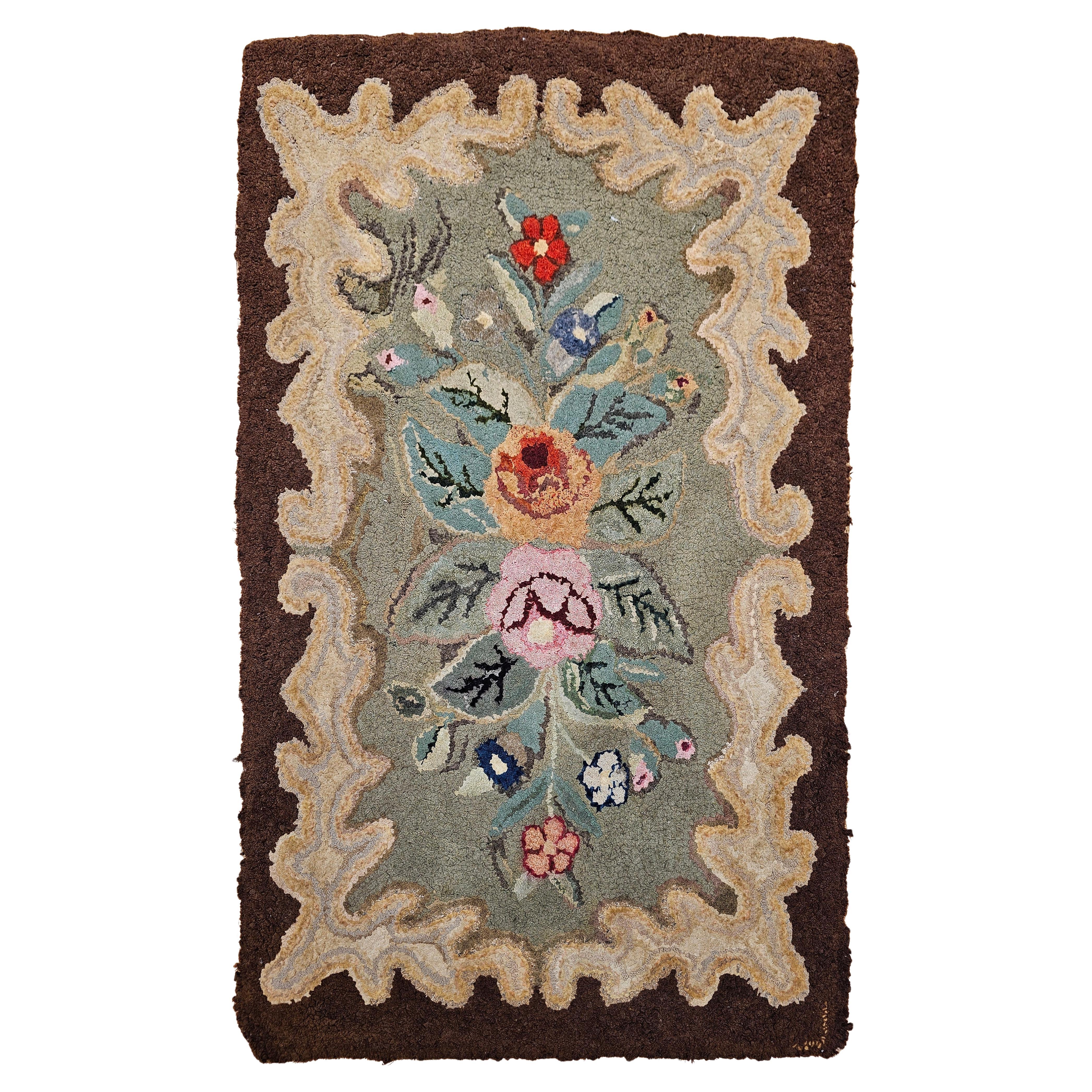 Vintage Hand-Hooked Rug, Banded Floral Pattern, Wool & Cotton, American Folk Art