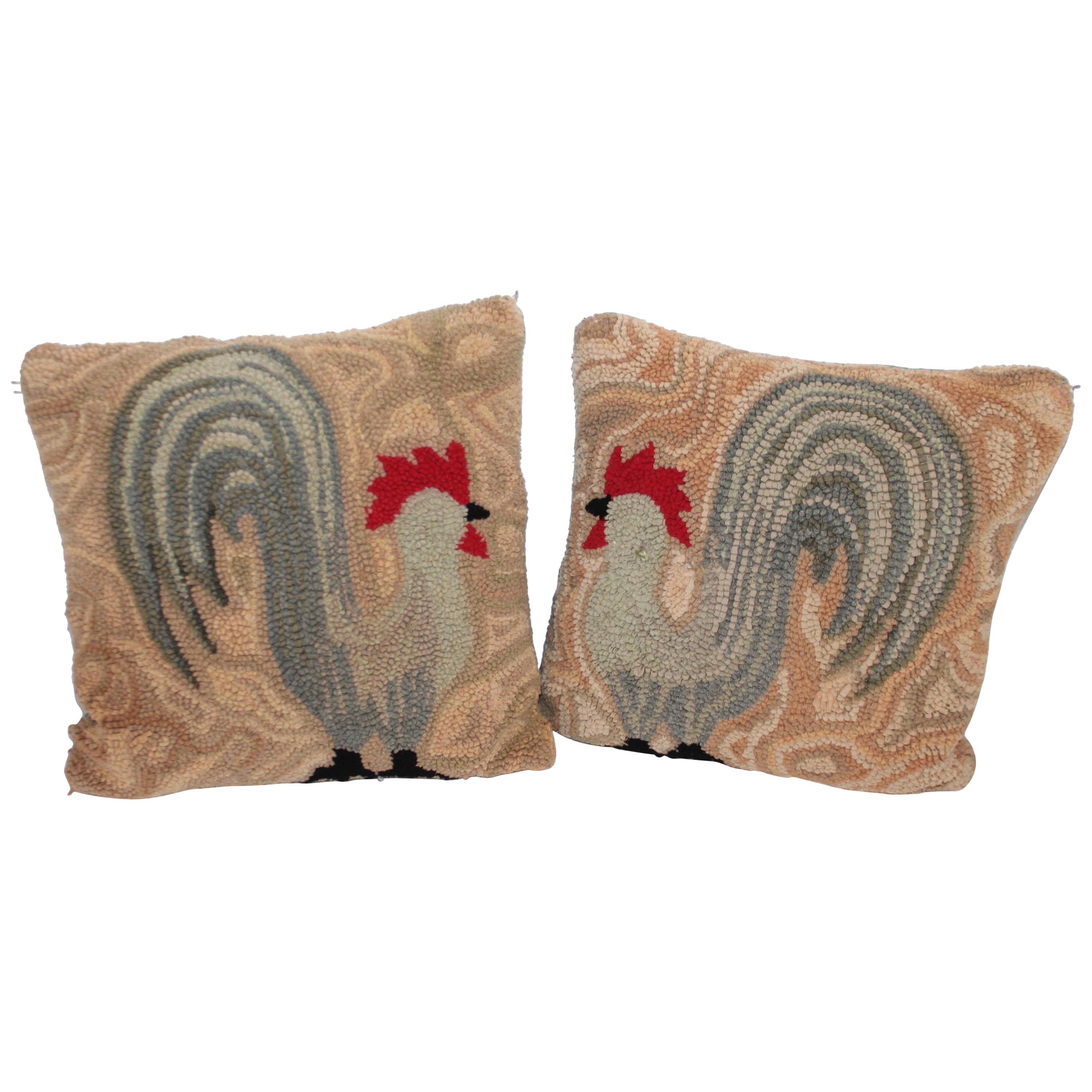 Early American Hooked Rug of Roosters Pillows, Pair