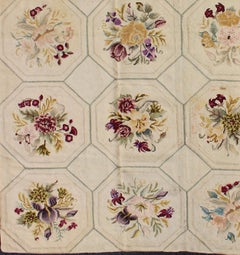 American Hooked Rug with Basket-Weave Pattern and Flowers