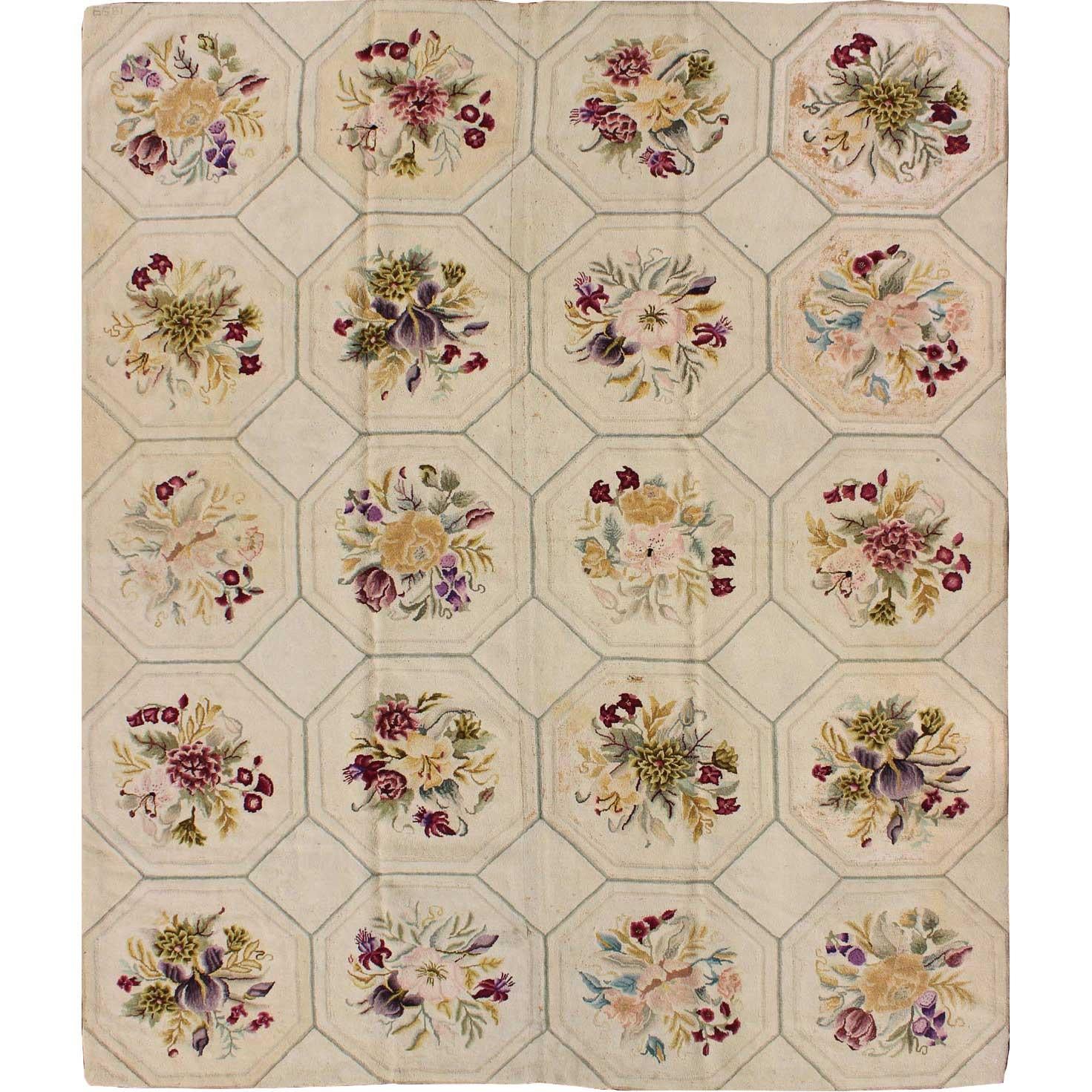 American Hooked Rug with Basket-Weave Pattern and Flowers For Sale