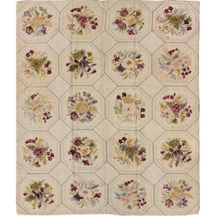 Vintage American Hooked Rug with Basket-Weave Pattern and Flowers