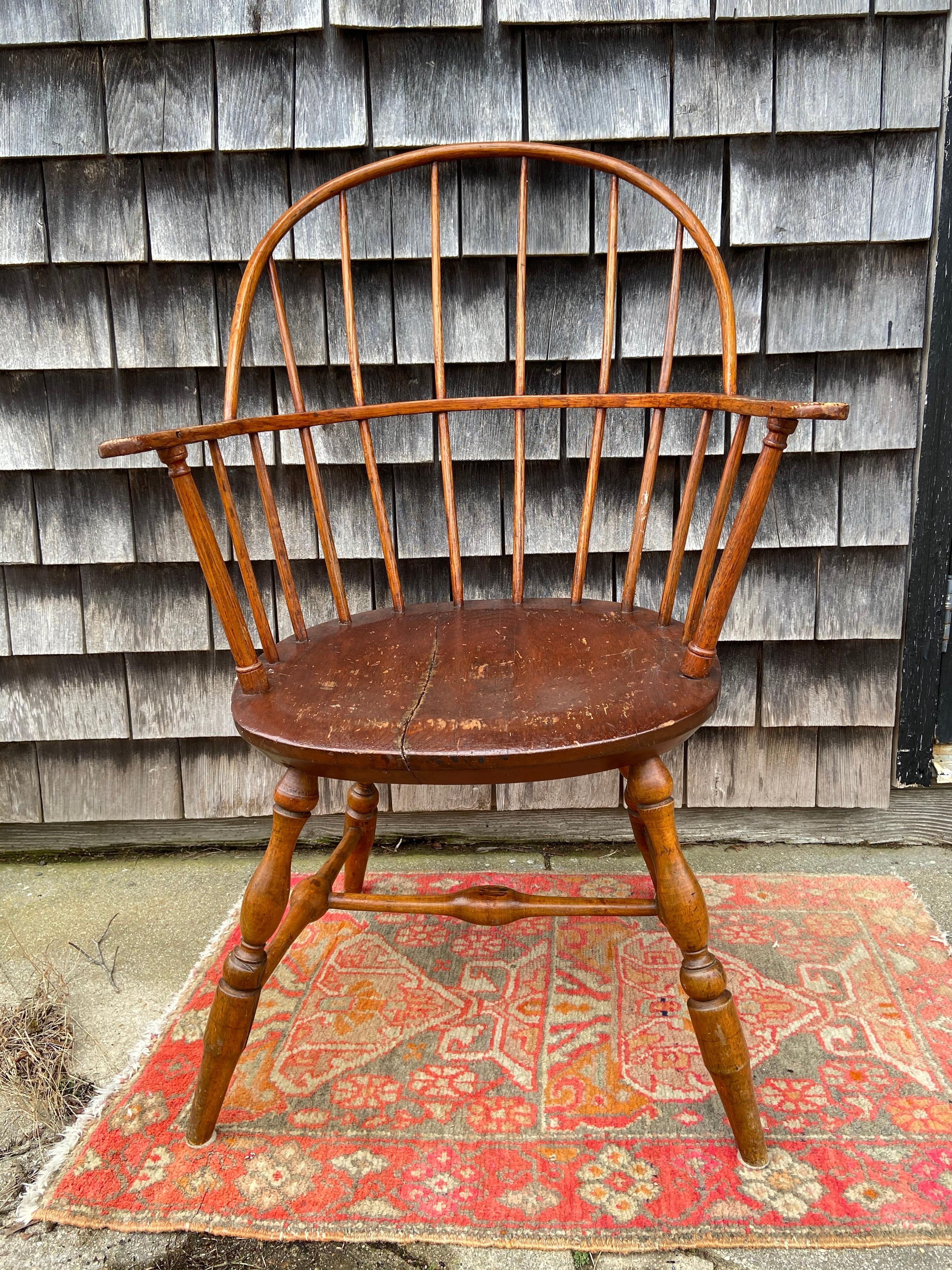 Caning Early American Hoopback Windsor Chair, Oak and Hickory Wood 1840s, Antique Brown For Sale
