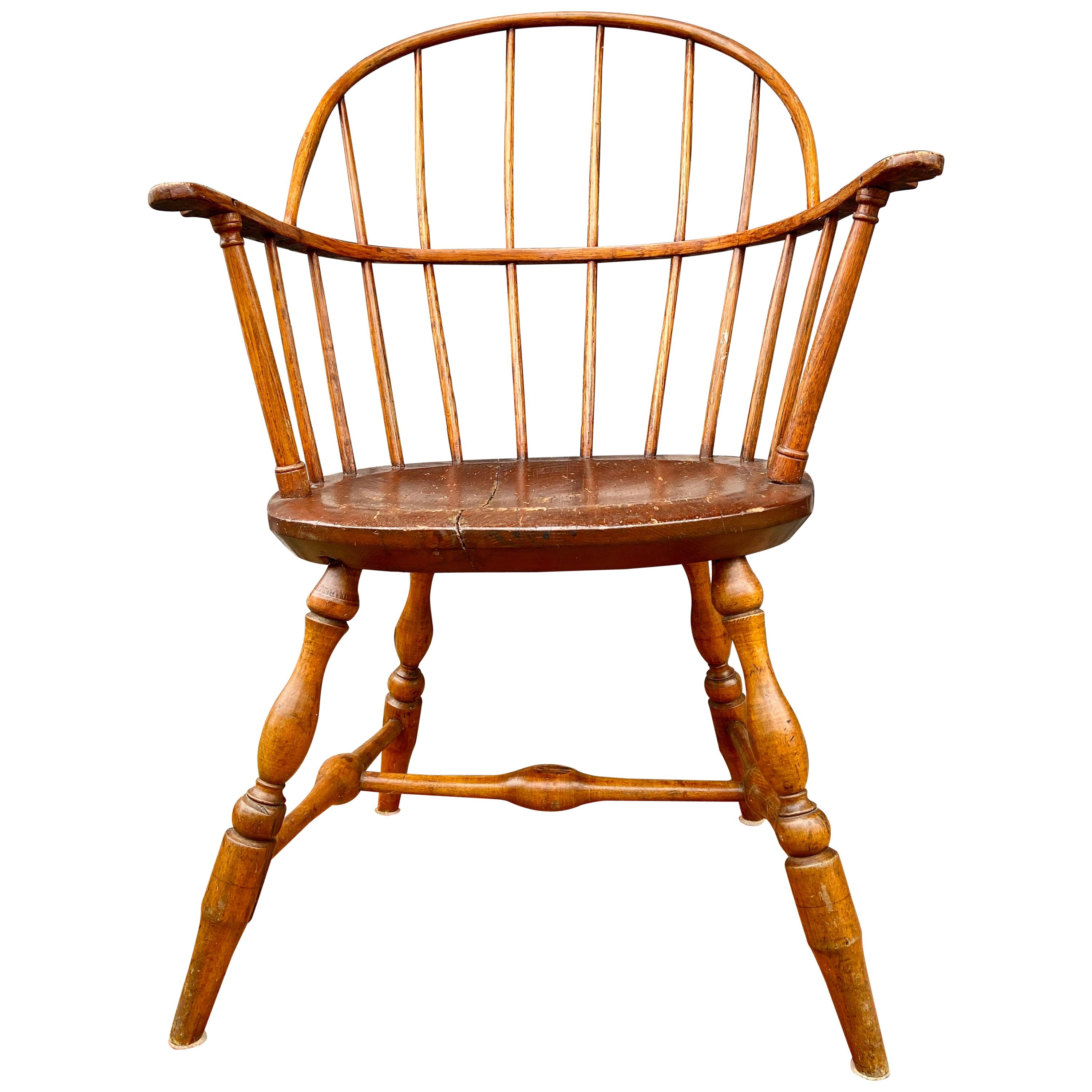 Early American Hoopback Windsor Chair, Oak and Hickory Wood 1840s, Antique Brown For Sale