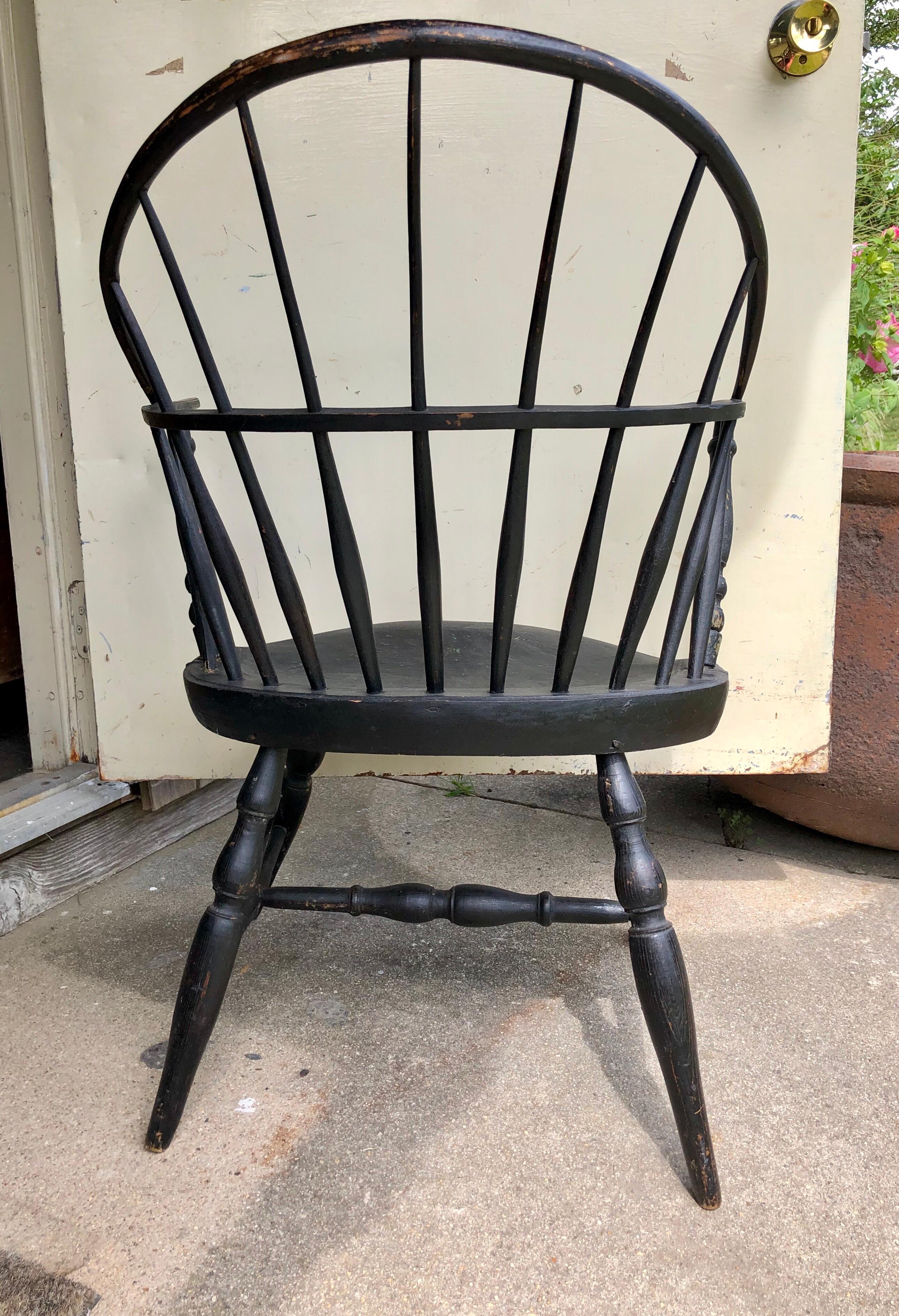 Early American Hoopback Windsor Chair, Oak and Hickory 1820s, Antique Black 7
