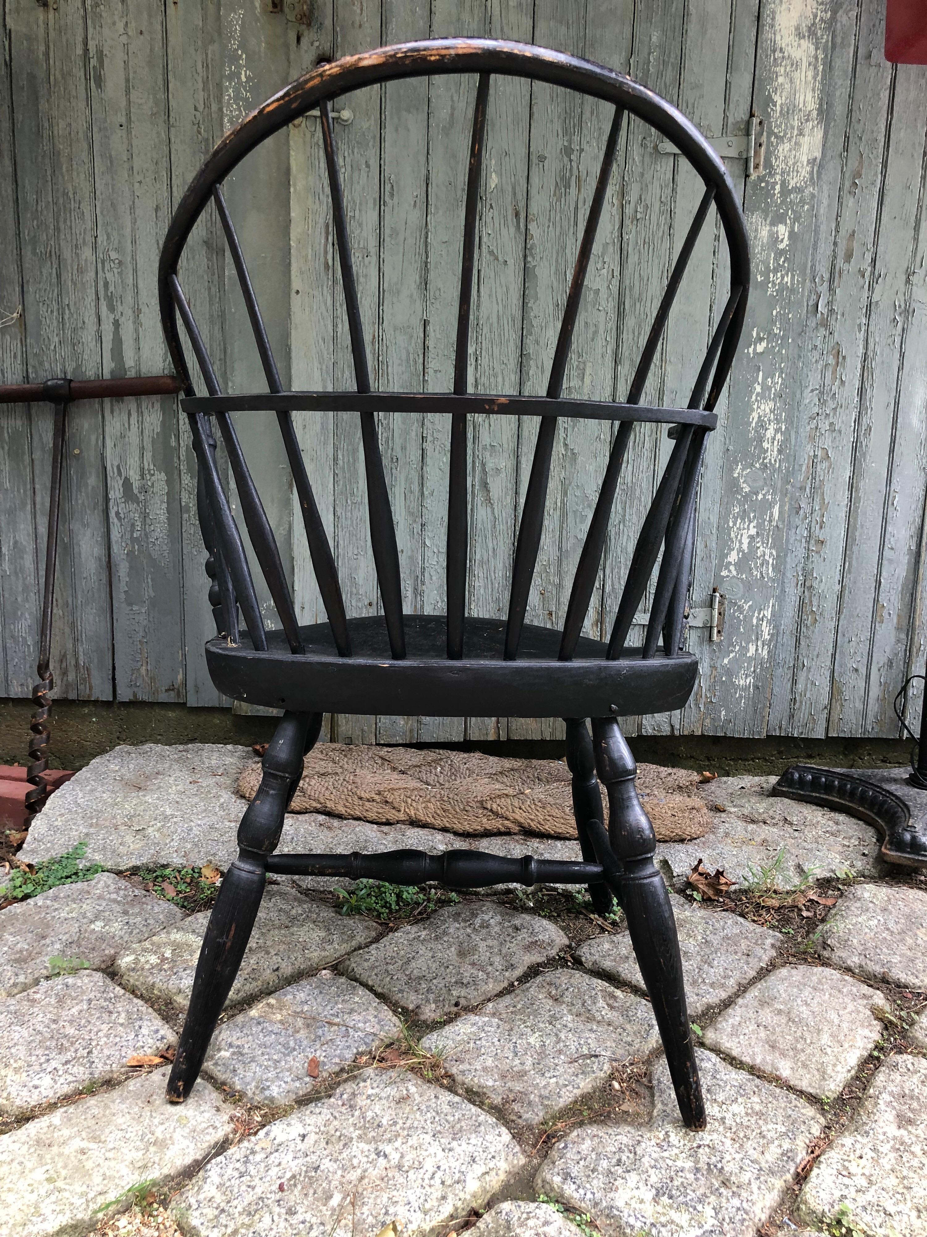 American Colonial Early American Hoopback Windsor Chair, Oak and Hickory 1820s, Antique Black