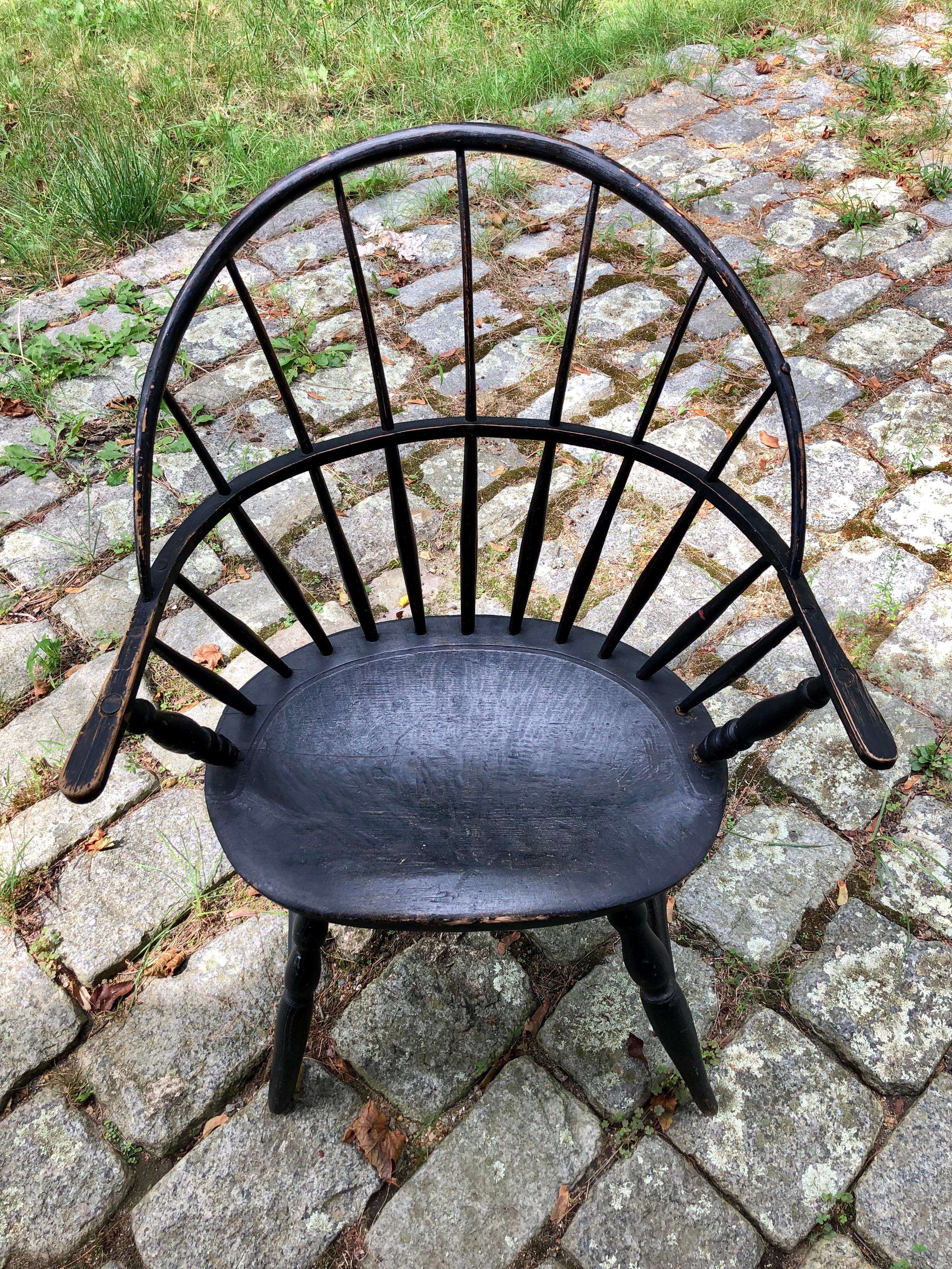 Caning Early American Hoopback Windsor Chair, Oak and Hickory 1820s, Antique Black