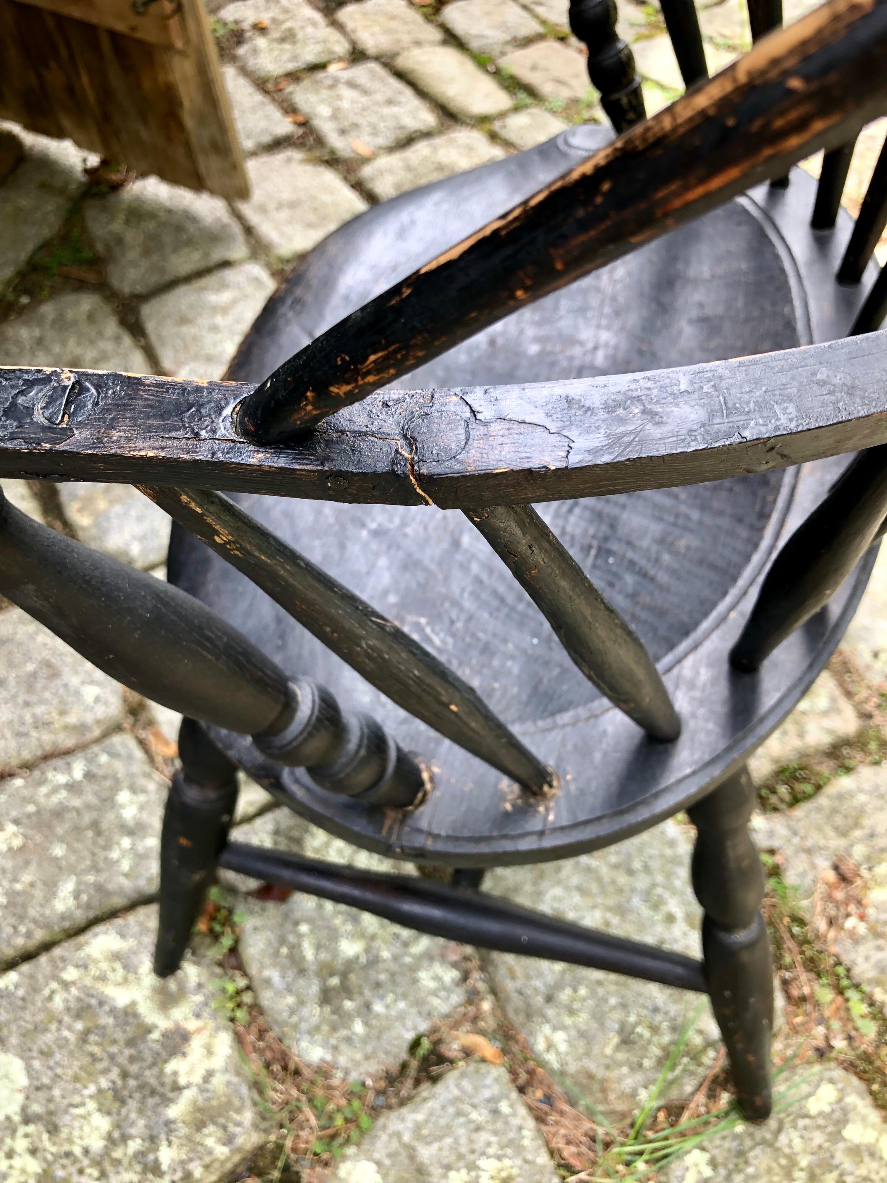 Early American Hoopback Windsor Chair, Oak and Hickory 1820s, Antique Black 1