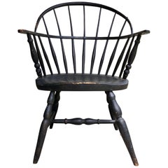 Early American Hoopback Windsor Chair, Oak and Hickory 1820s, Antique Black