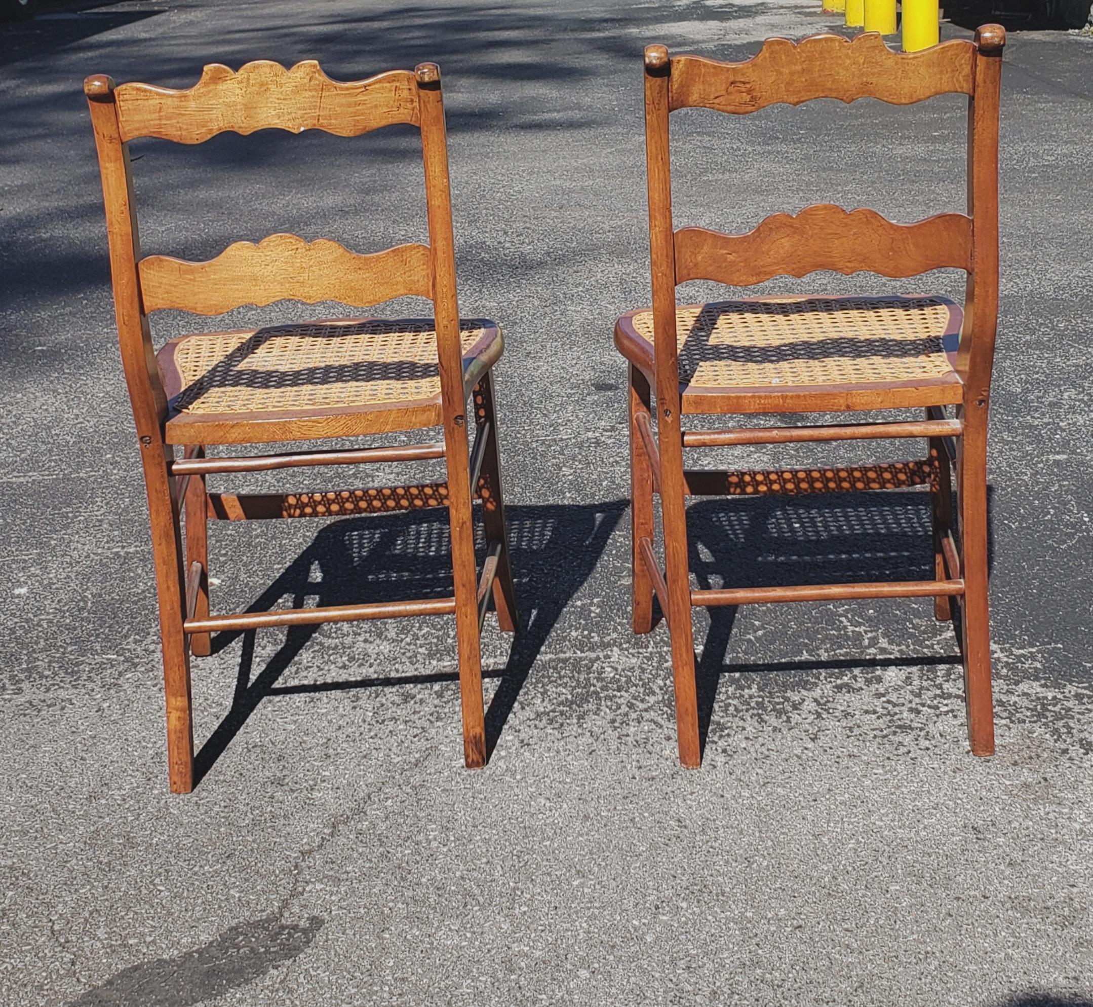 Early American Ladder Back Maple and Cane Seat Chairs, a Pair, circa 1880s For Sale 1