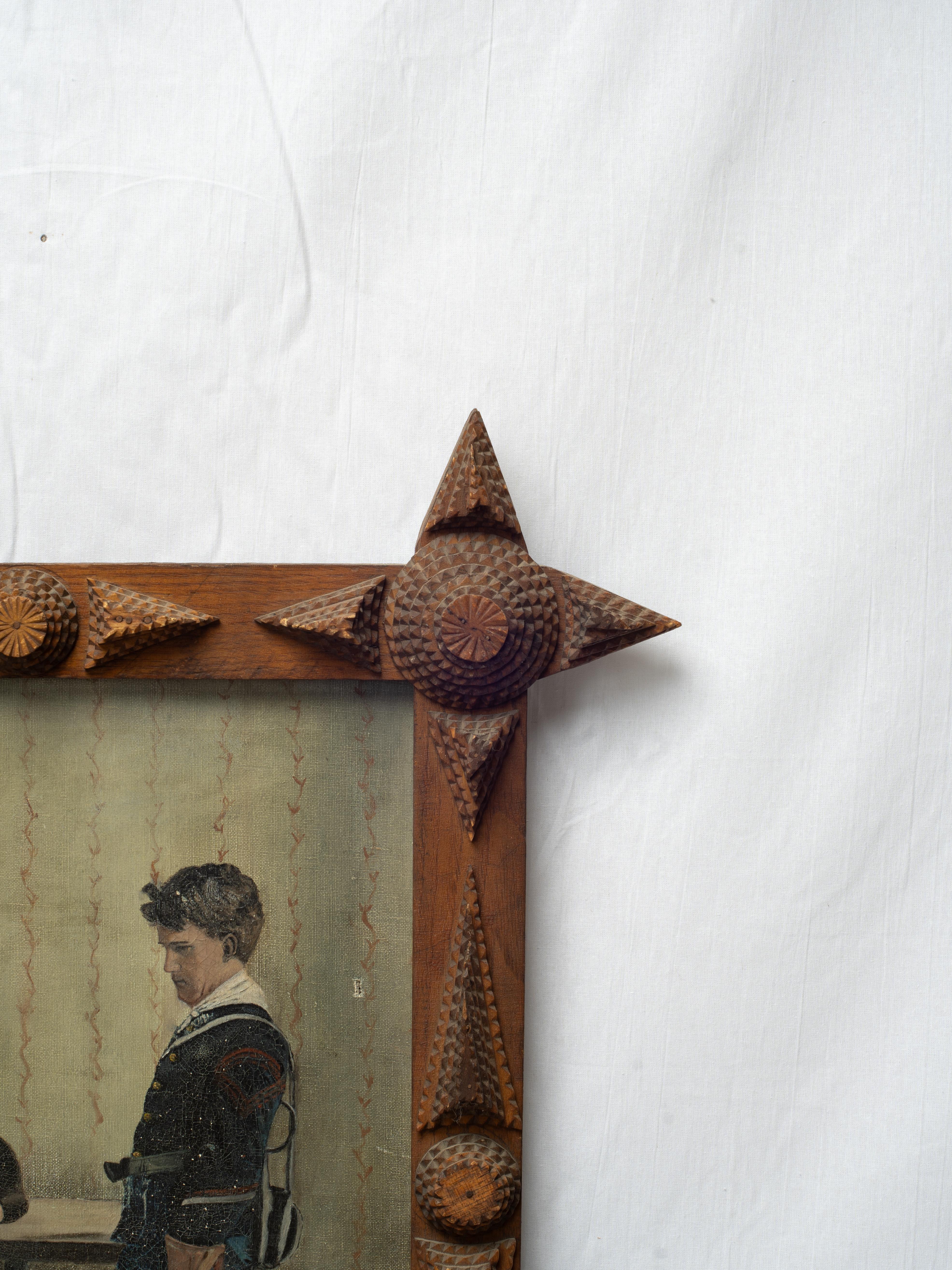 Early American Late 19th Early 20th Century Folk Art Painting in Tramp Art Frame im Angebot 2